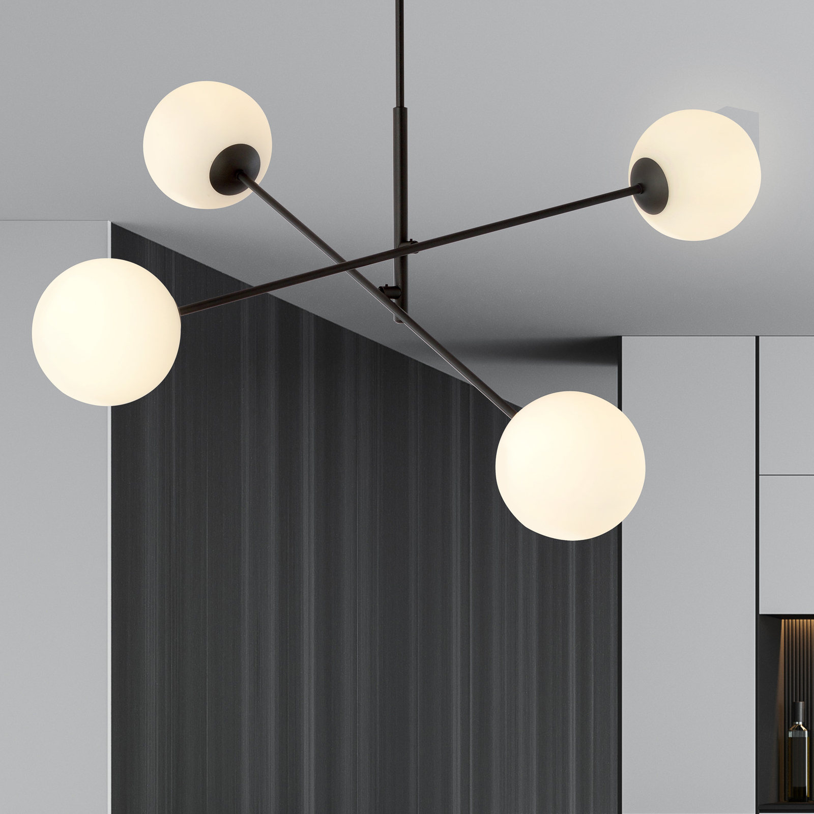 Linear ceiling light, black/opal, four-bulb