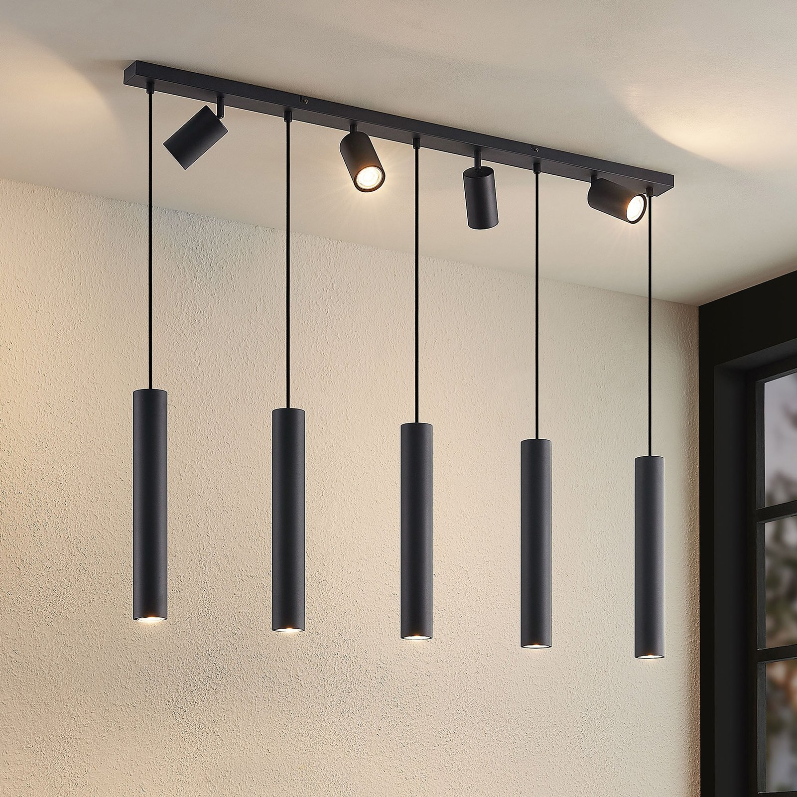 Lindby Sanad hanging light black 9-bulb long