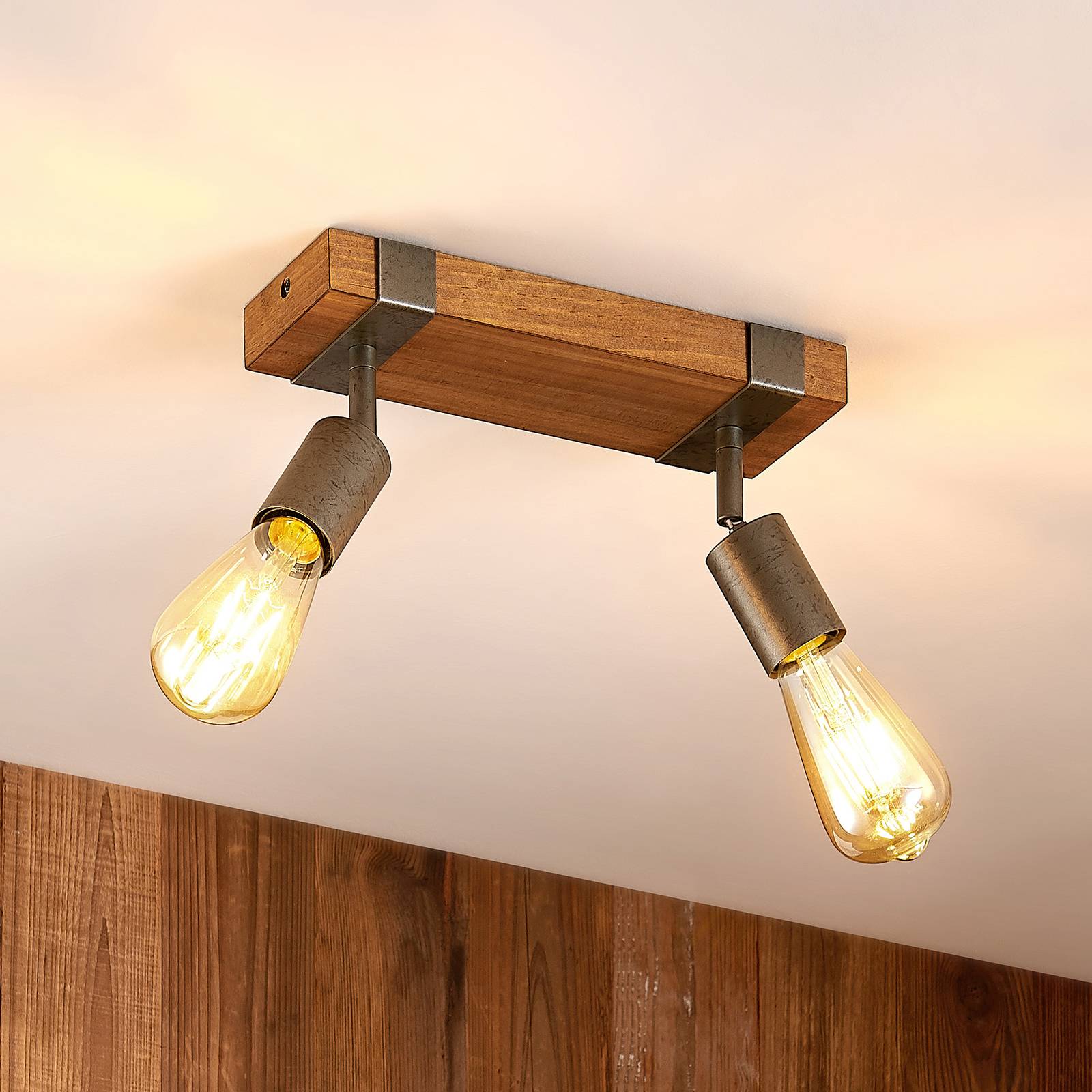 Lindby Quitana ceiling spotlight two-bulb, for Living / Dining Room, steel, pine wood, E27, 60 W, L: 28 cm, W: 10 cm, H: 14 cm