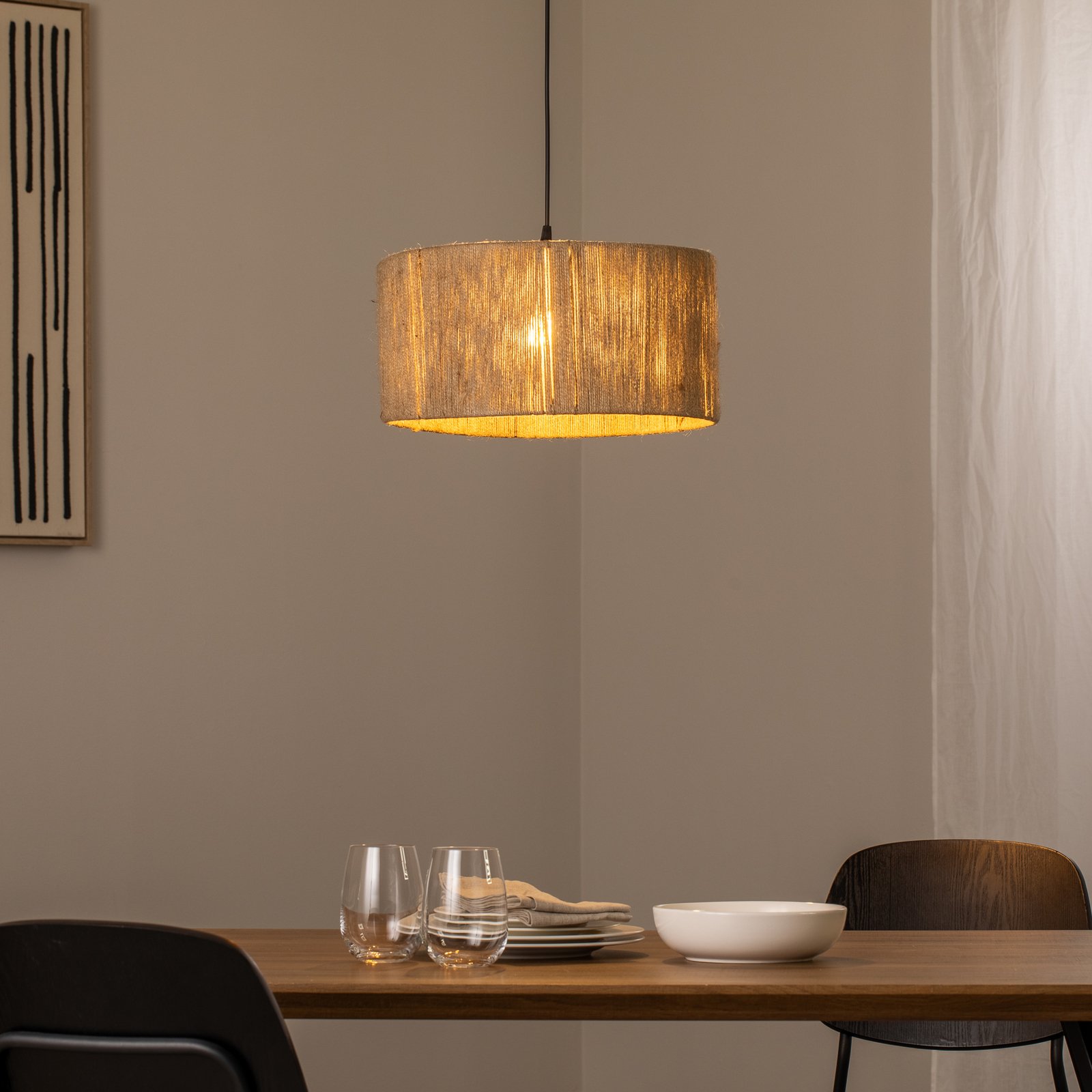 Hänglampa Afra, ljusbrun, rep, Ø 40 cm