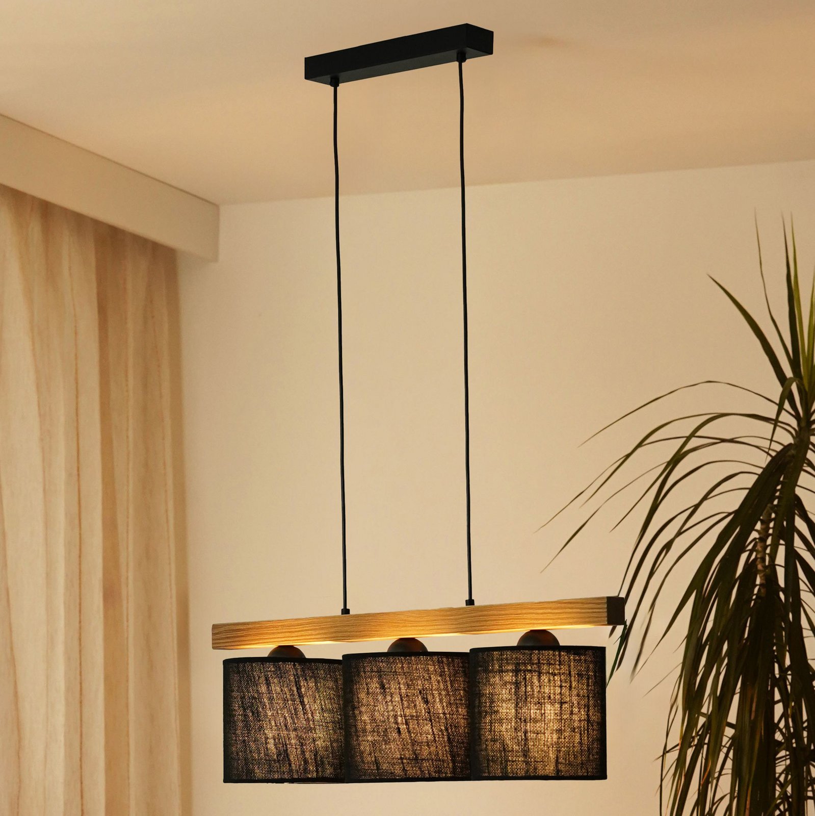 Forest hanging light, light wood/black, black jute, 3-bulb