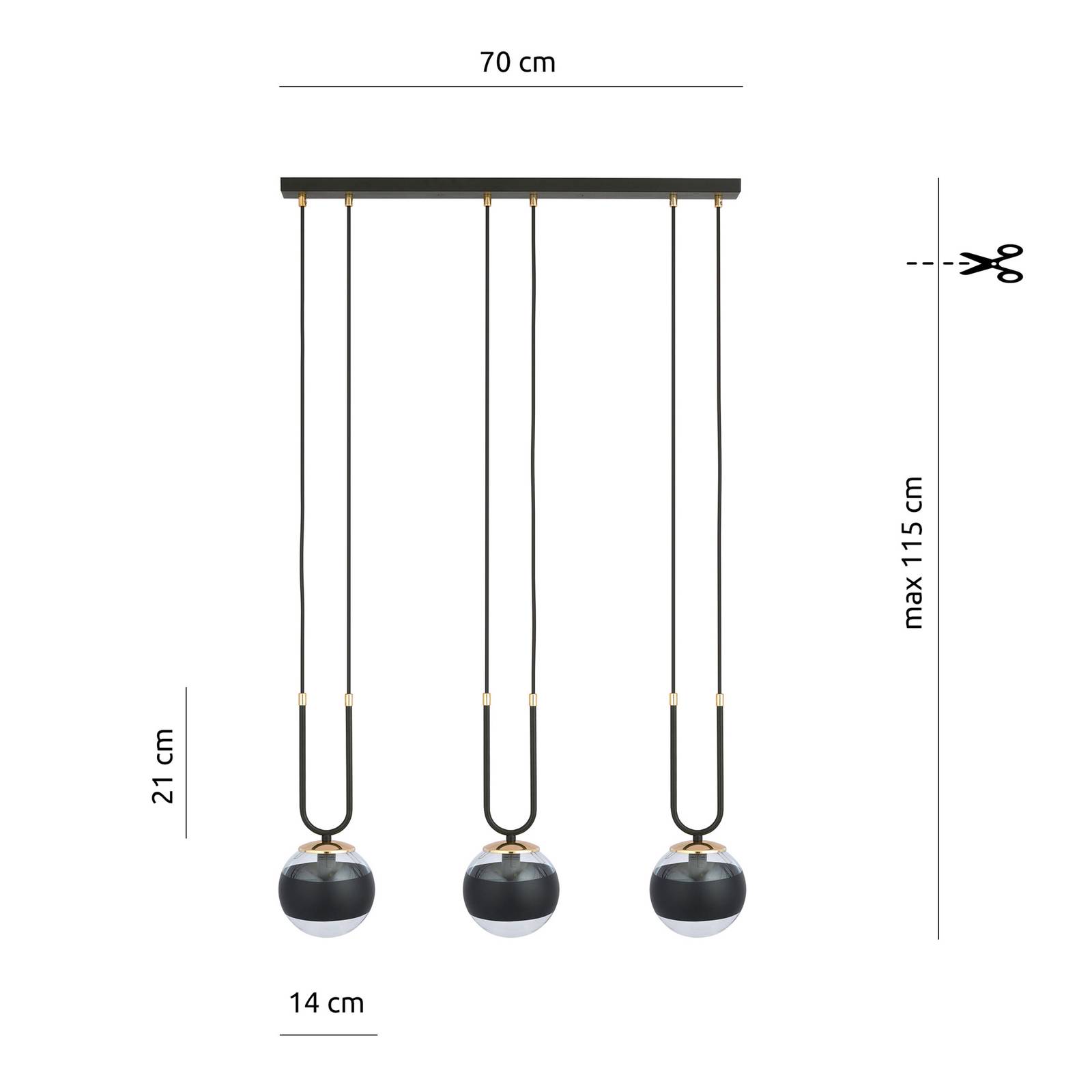 Żyrandol Linear czarny/przezroczysty, 3-pkt.