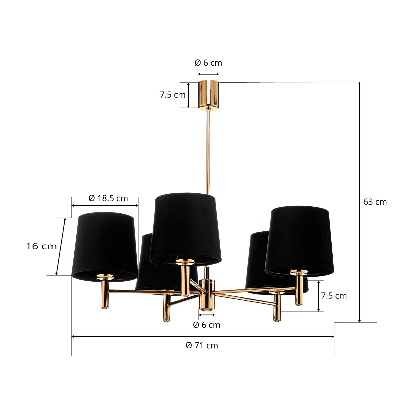 Kroonluchter Polo, 5-lamps, zwart/messing donker