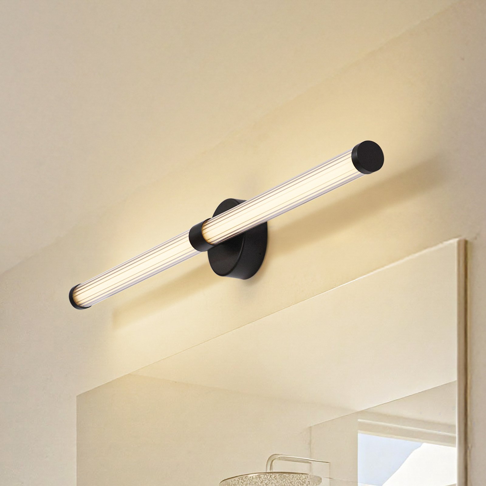 Lucande Melisa LED wall light, black, 90 cm, CCT, IP44
