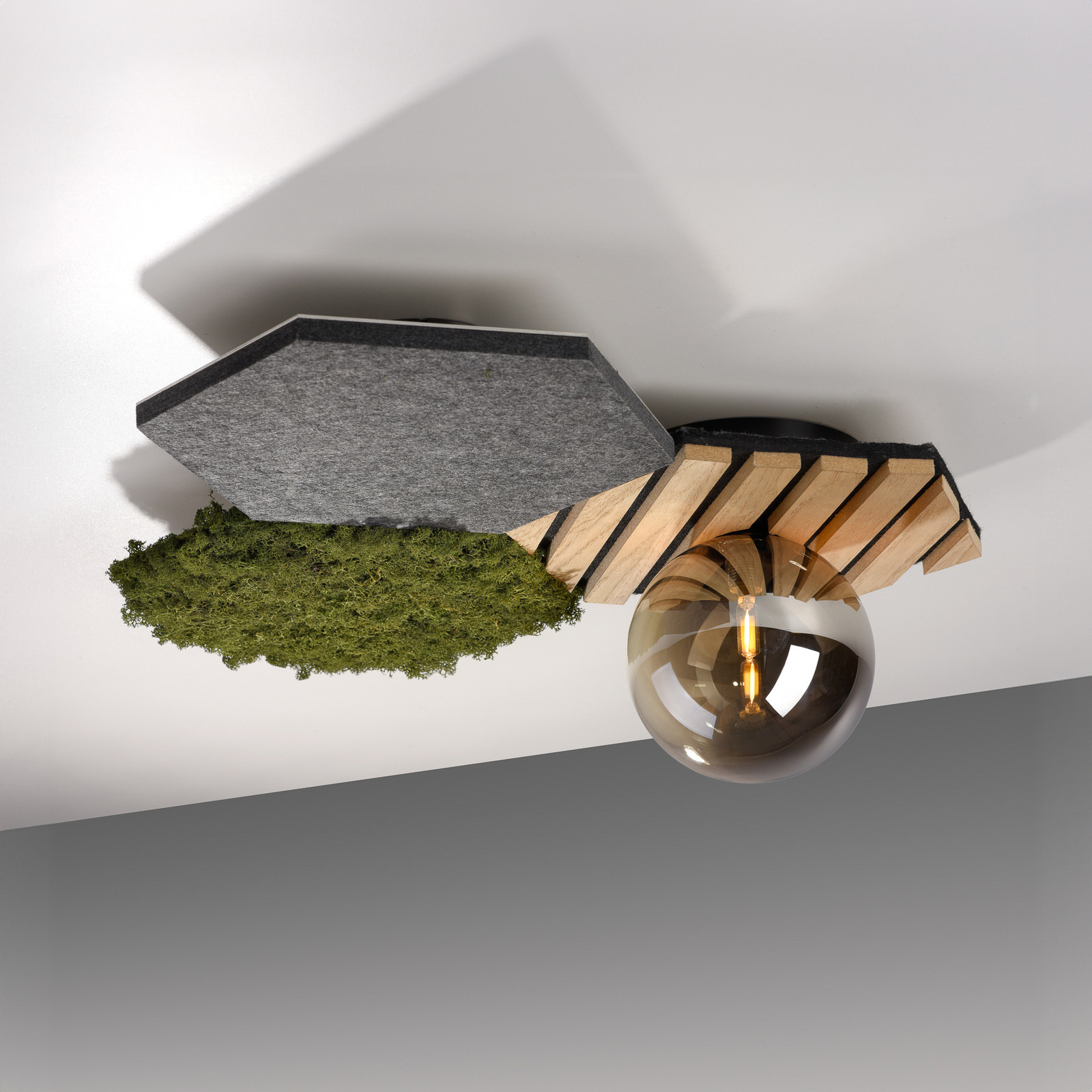 JUST LIGHT. Green Hex ceiling light, iron, wood, moss