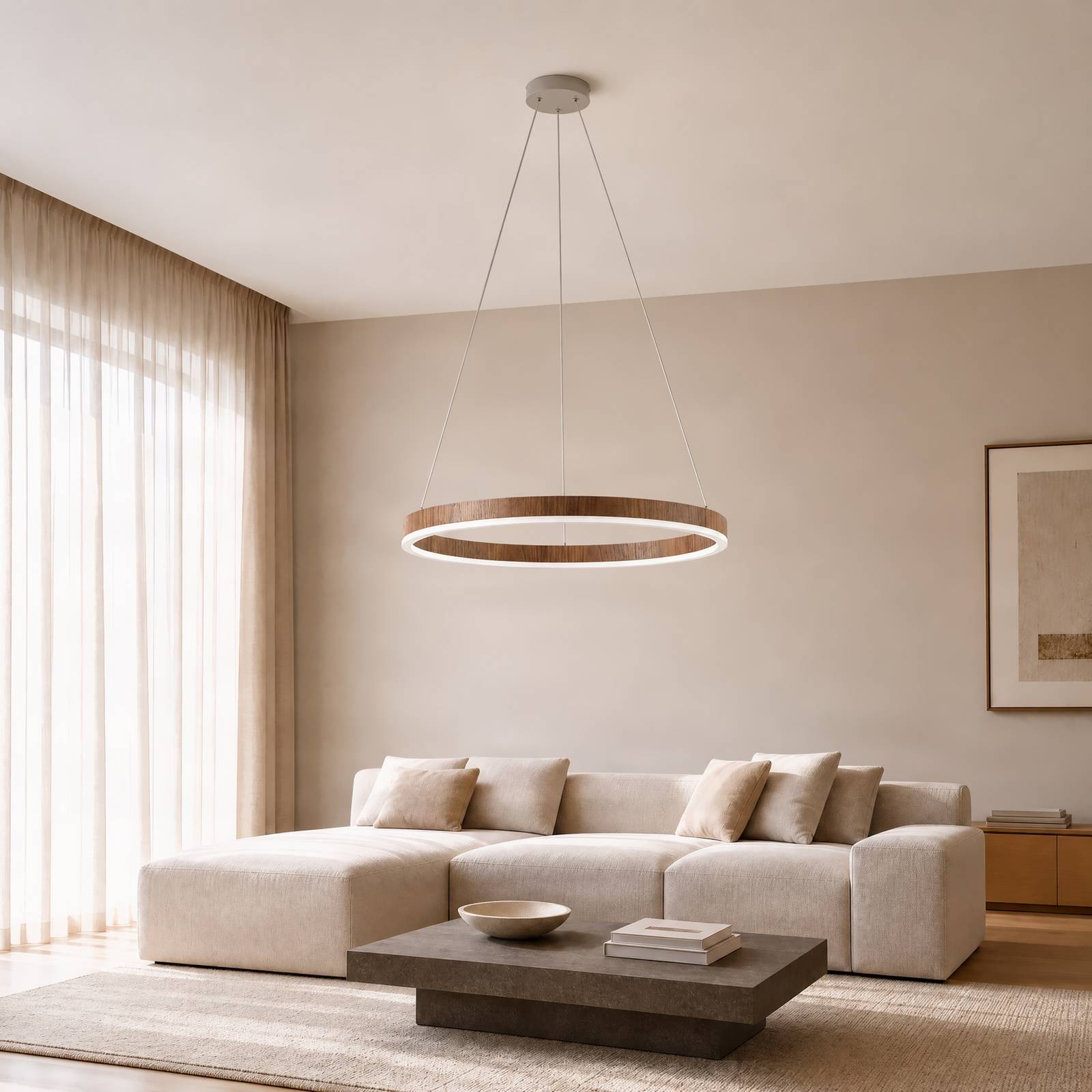 Żyrandol LED Lucande Thelma, orzech/szary, Ø 70 cm