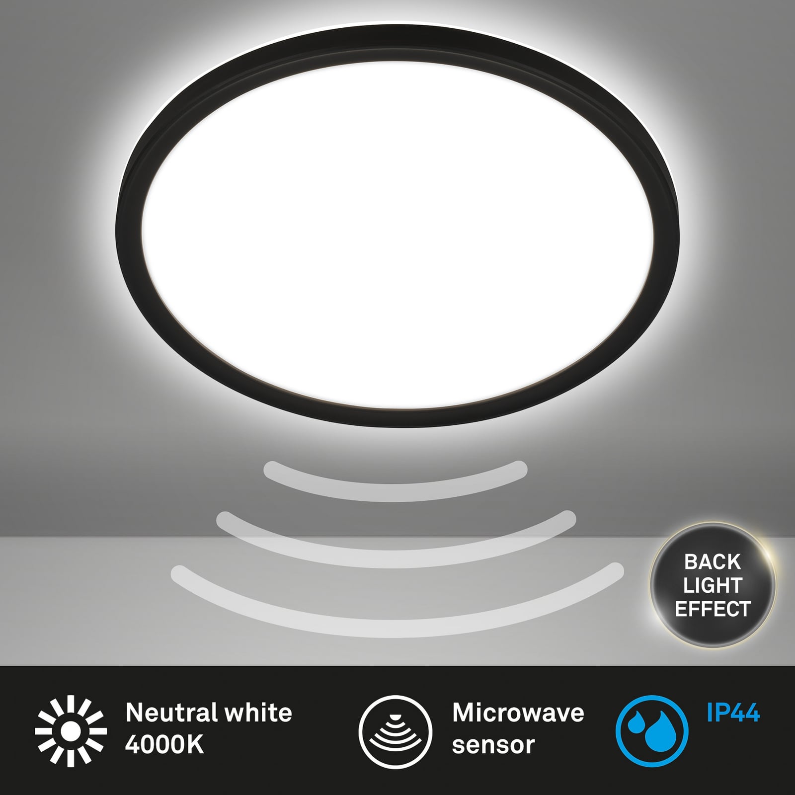 LED lubų šviestuvas „Move Sensor“, juodas, Ø 29 cm, IP44, 4000K