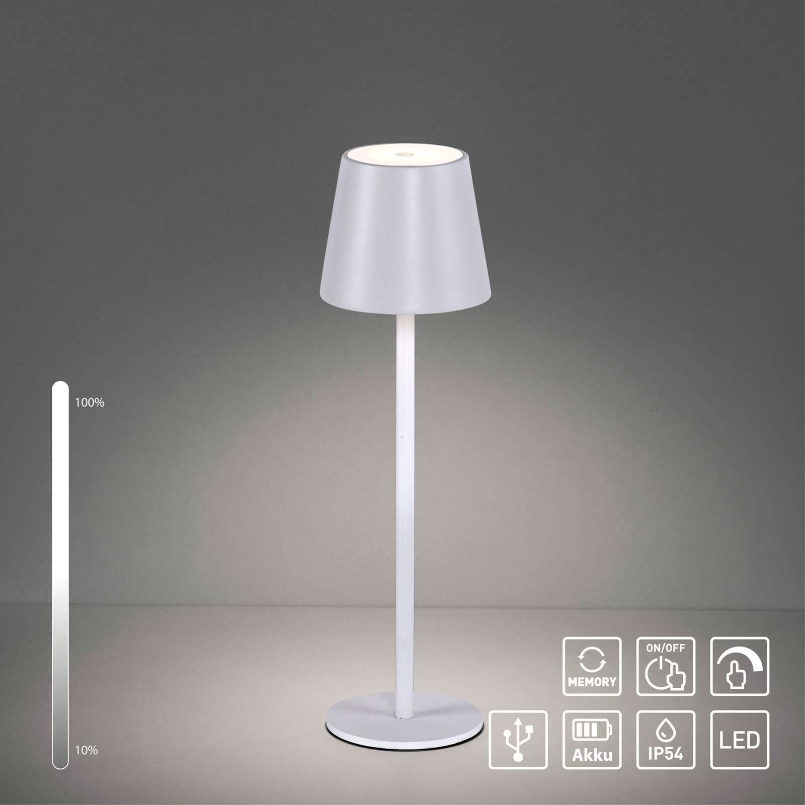 JUST LIGHT. Lampe de table LED rechargeable Euria, blanc, fer, IP54