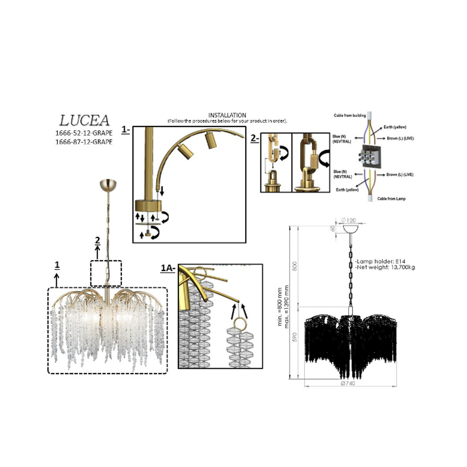 Lámpara colgante Uva, latón envejecido, Ø 72 cm metal/vidrio 12 luces.