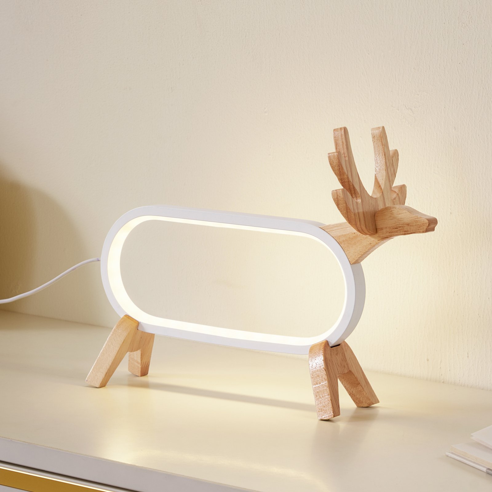 Lámpara de mesa LED Lindby Hirvi, blanca, madera, 31 cm, CCT, atenuable