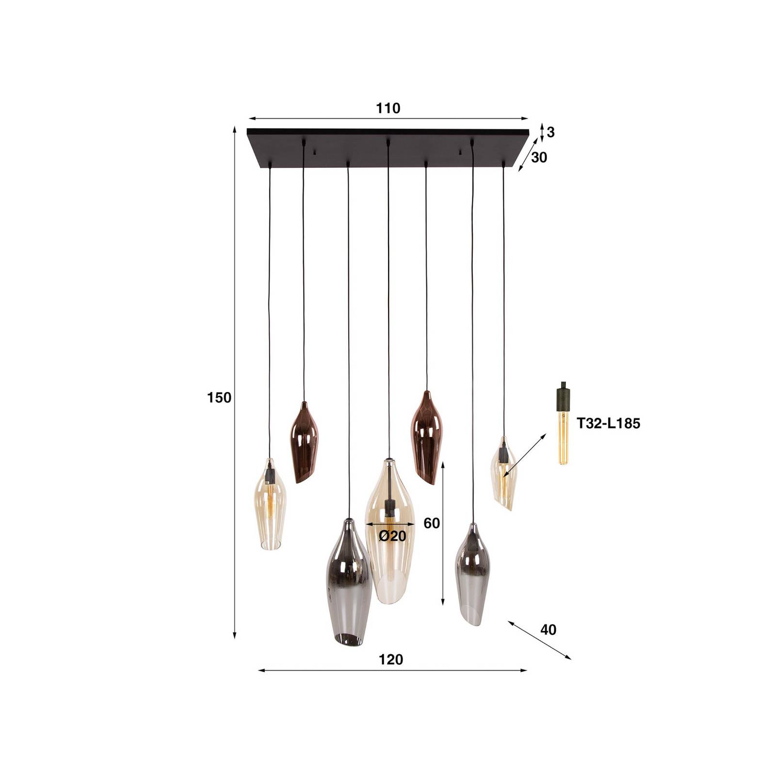 Lampa wisząca Mixture 4+3, 7-punktowa, szklana, wielokolorowa