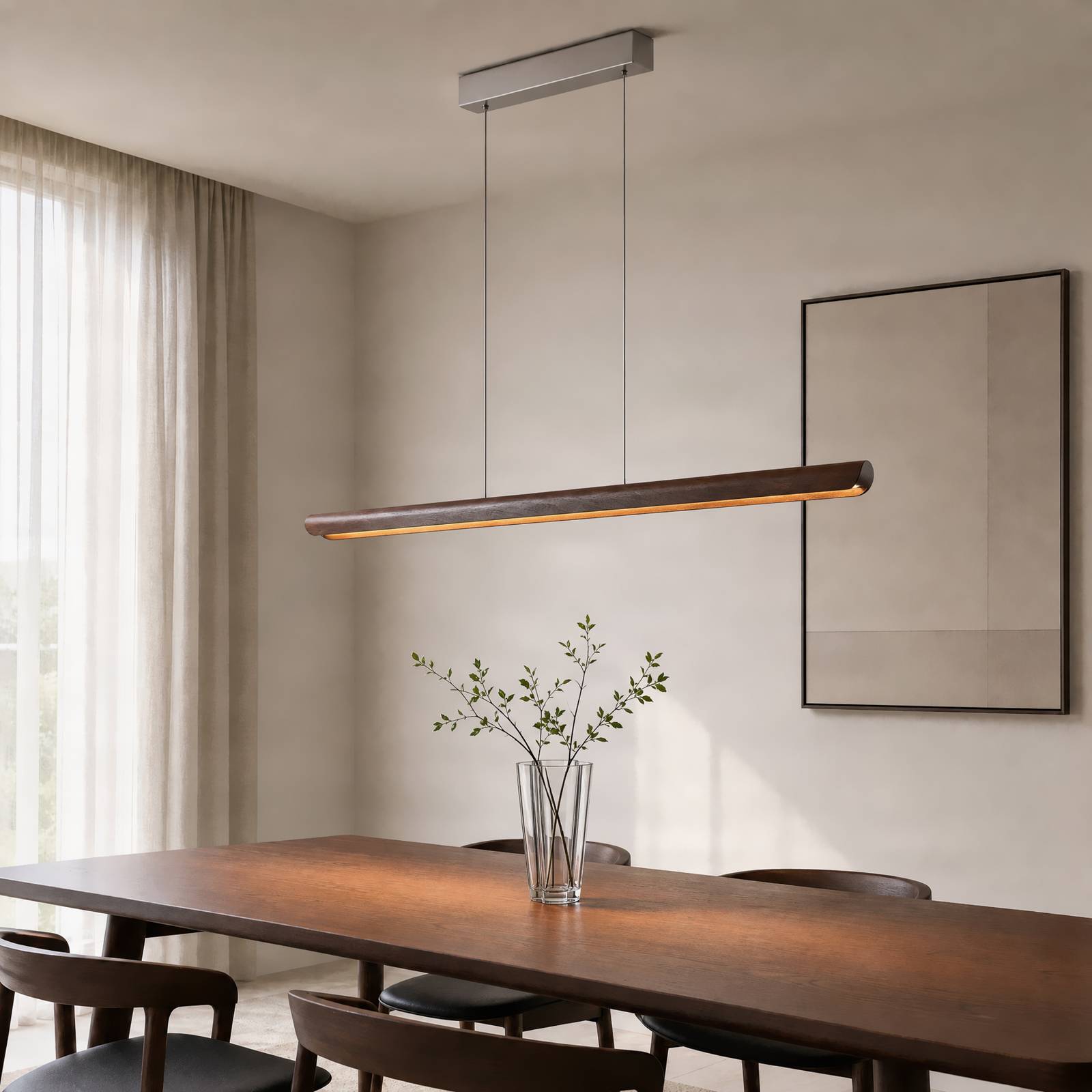 Żyrandol LED Lucande Callahan, drewno orzechowe, długość 115 cm