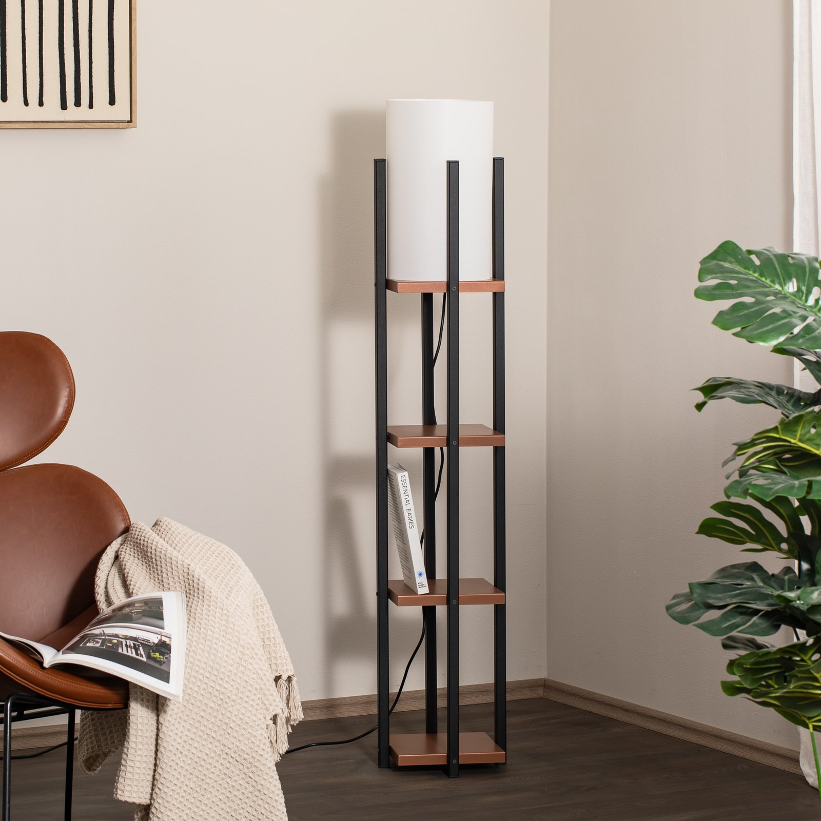 Vloerlamp Shelf, zwart/koper, stof, hoogte 130 cm, E27