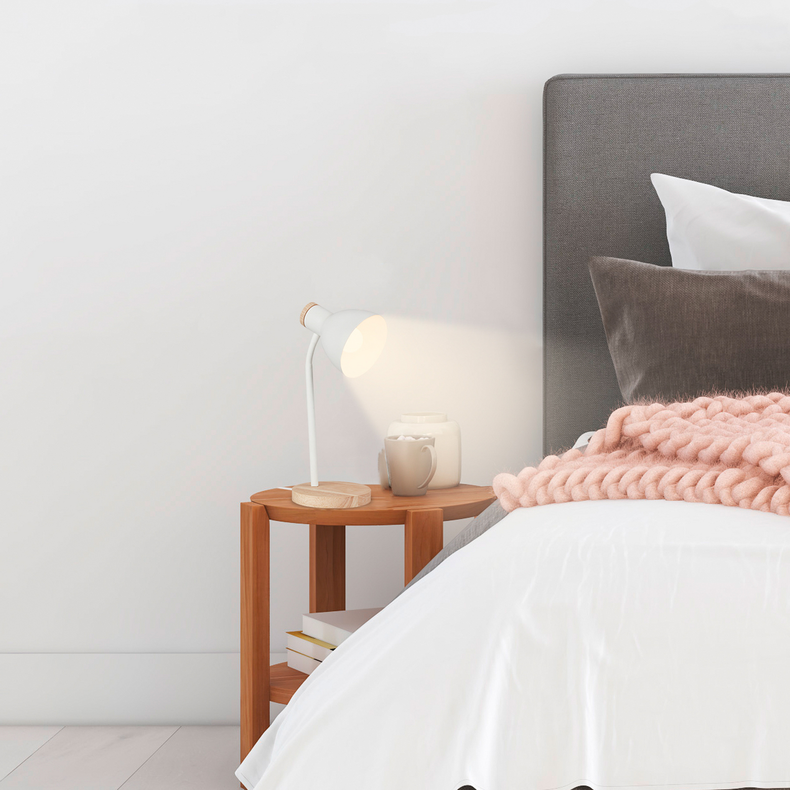 Lampa de masă Prep, albă, metal, lemn, E14