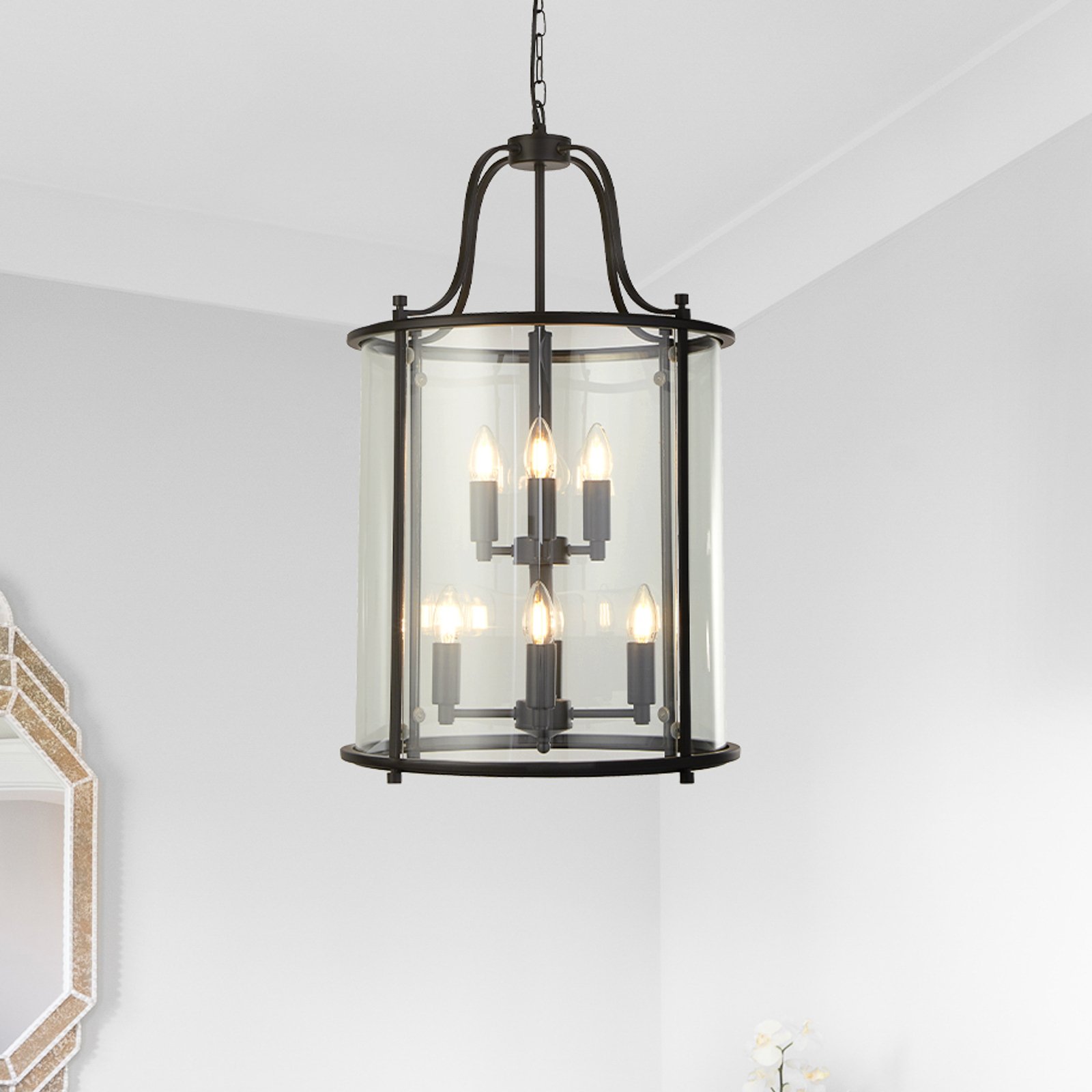 Lantern Grande pendant light, black/clear, glass, E14