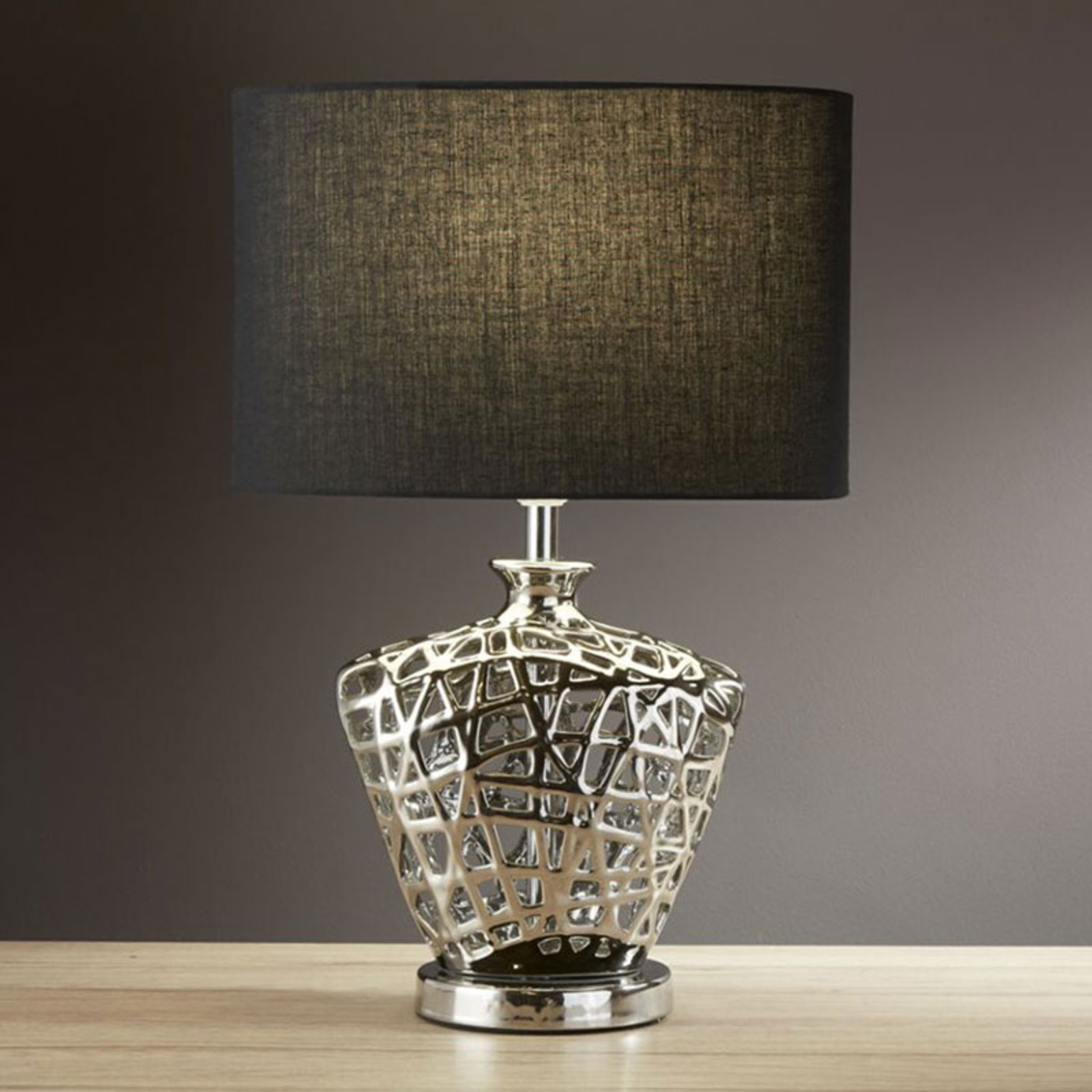 Searchlight Network table lamp with black fabric lampshade, for Living / Dining Room, steel, ceramic, fabric, E27, 60 W, energy efficiency: A++, L: 30 cm, W: 21 cm, H: 42 cm