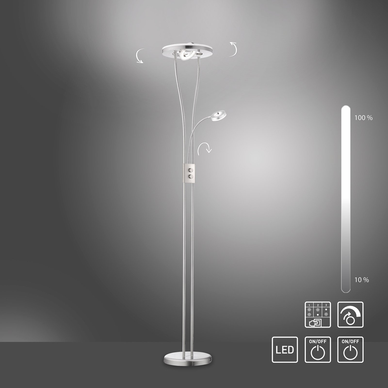 Helia LED vloerlamp met leeslamp, staal