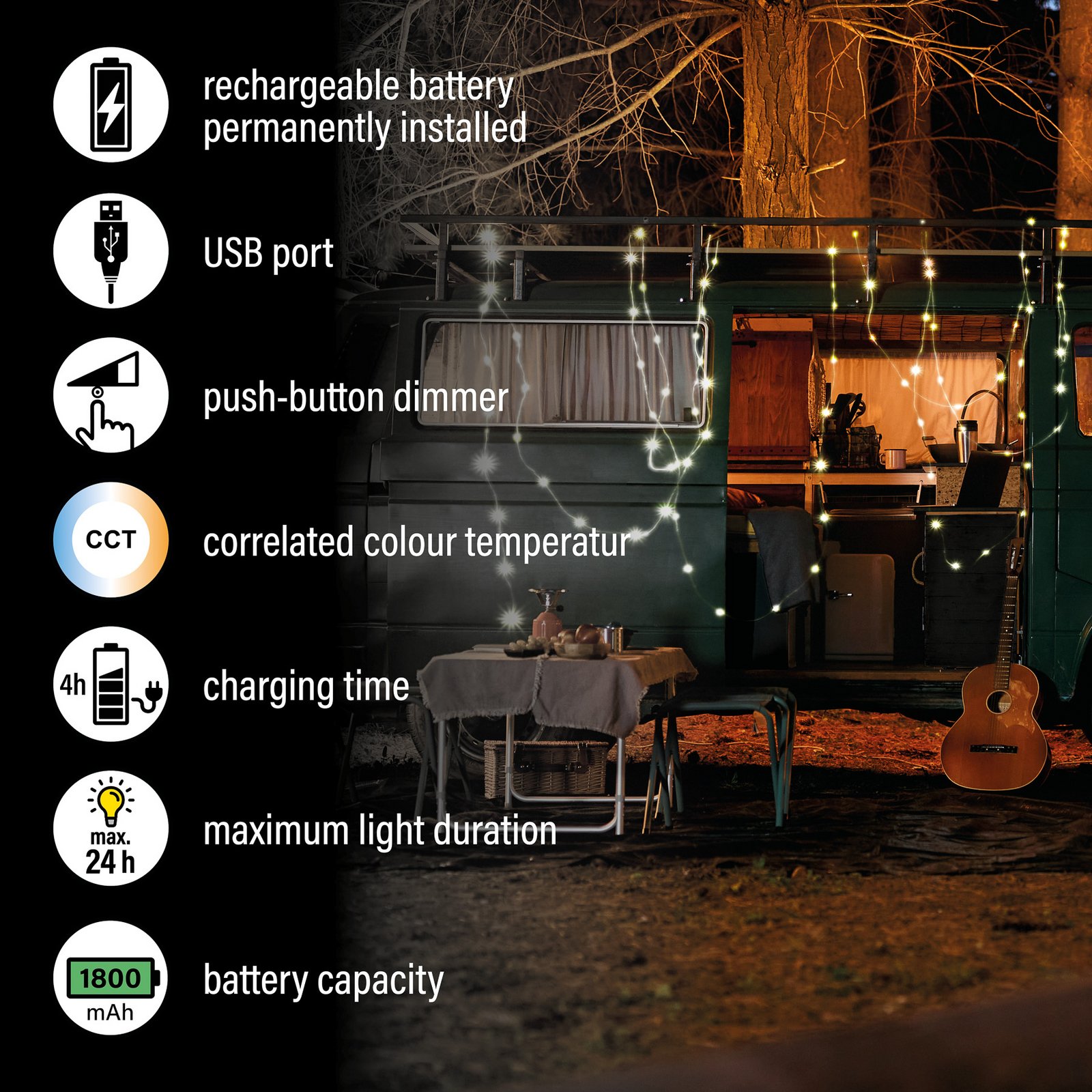 Guirlande lumineuse LED Benni, blanc, 10 m, extensible, batterie Guirlande lumineuse LED Benni, blanc, 10 m, extensible, batterie