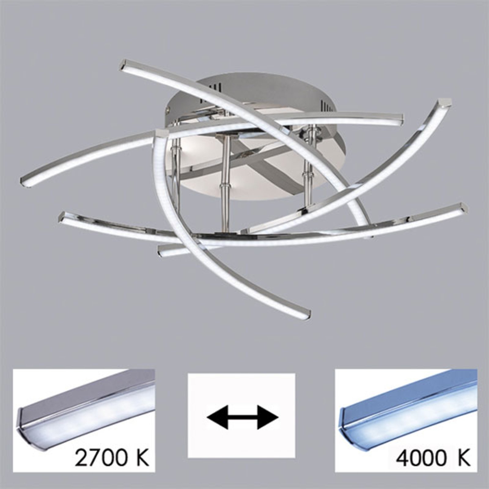 LED-taklampa Cross tunable white, 5 lampor, krom