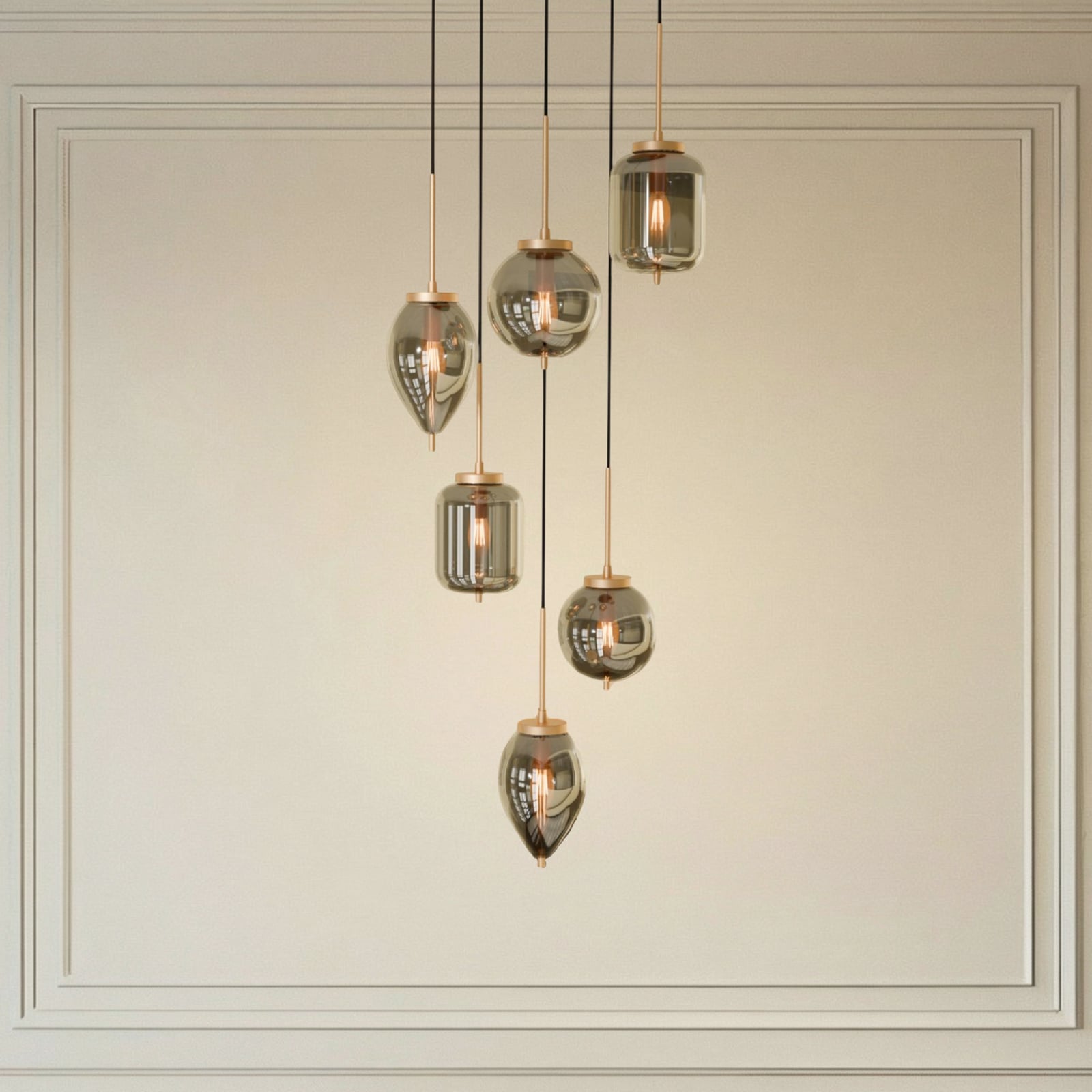 Suspension Lucande Elani, à 6 lampes, Ø 62 cm, verre