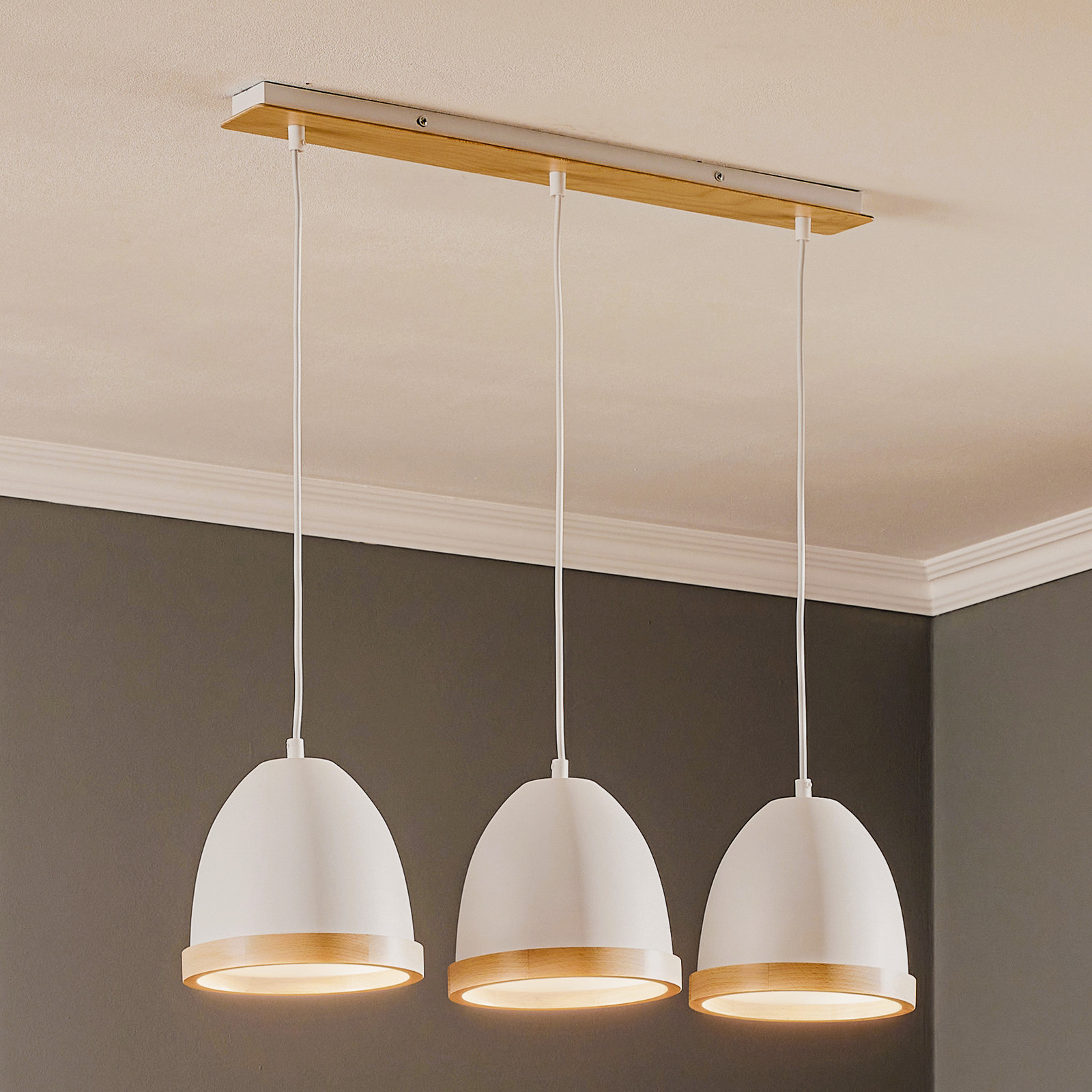 Eko-Light Lampă suspendată Studio cu decor din lemn 3 becuri alb - Camera de zi / sufragerie - modern - alb lemn deschis - Metal