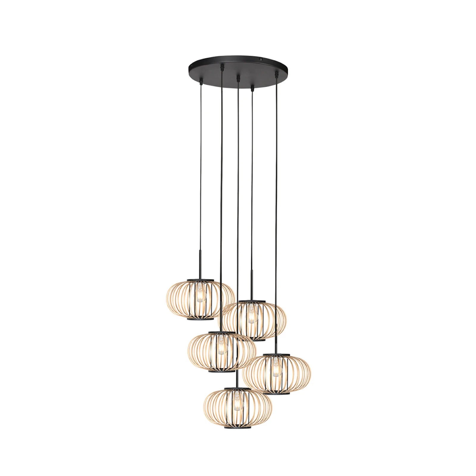 Silva piekaramā lampa, 5 spuldzes, apaļa, melna, ar bambusa balstiem