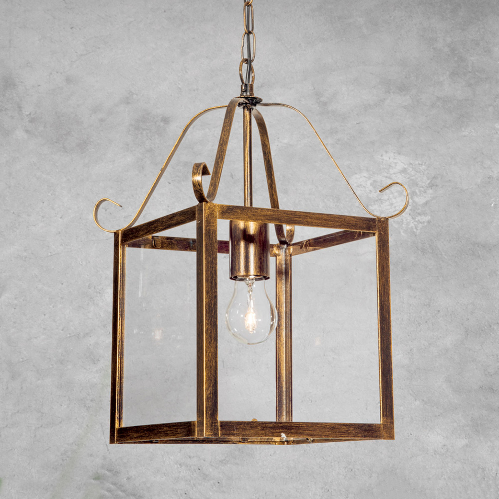 ORION Lampă susp. elegantă FALOTTA unghiulară 1 bec - Camera de zi / sufragerie - Antichitate - maro antic transparent - Metal