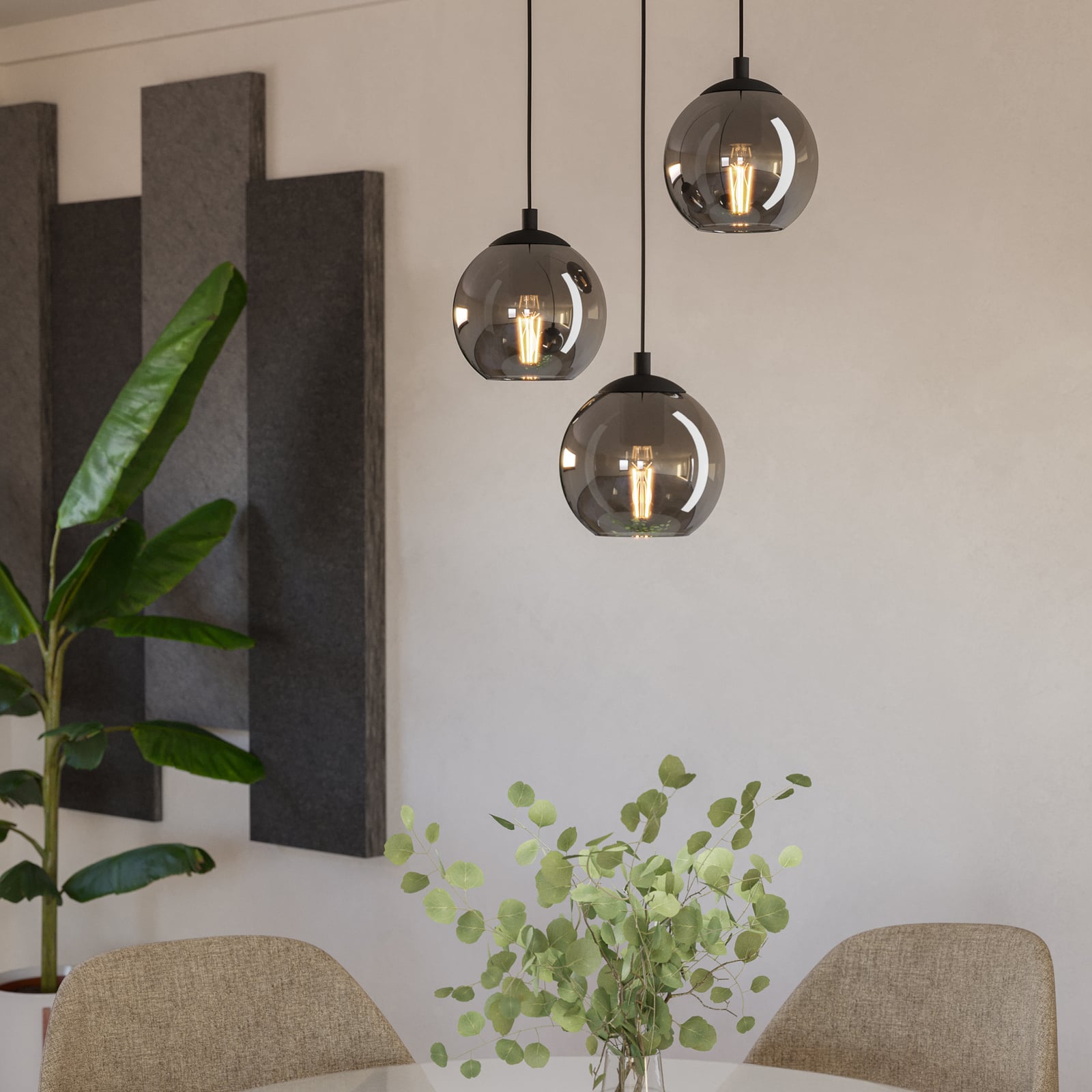 Suspension Ariscani, gris fumé, Ø 43 cm, à 3 lampes, verre, E27