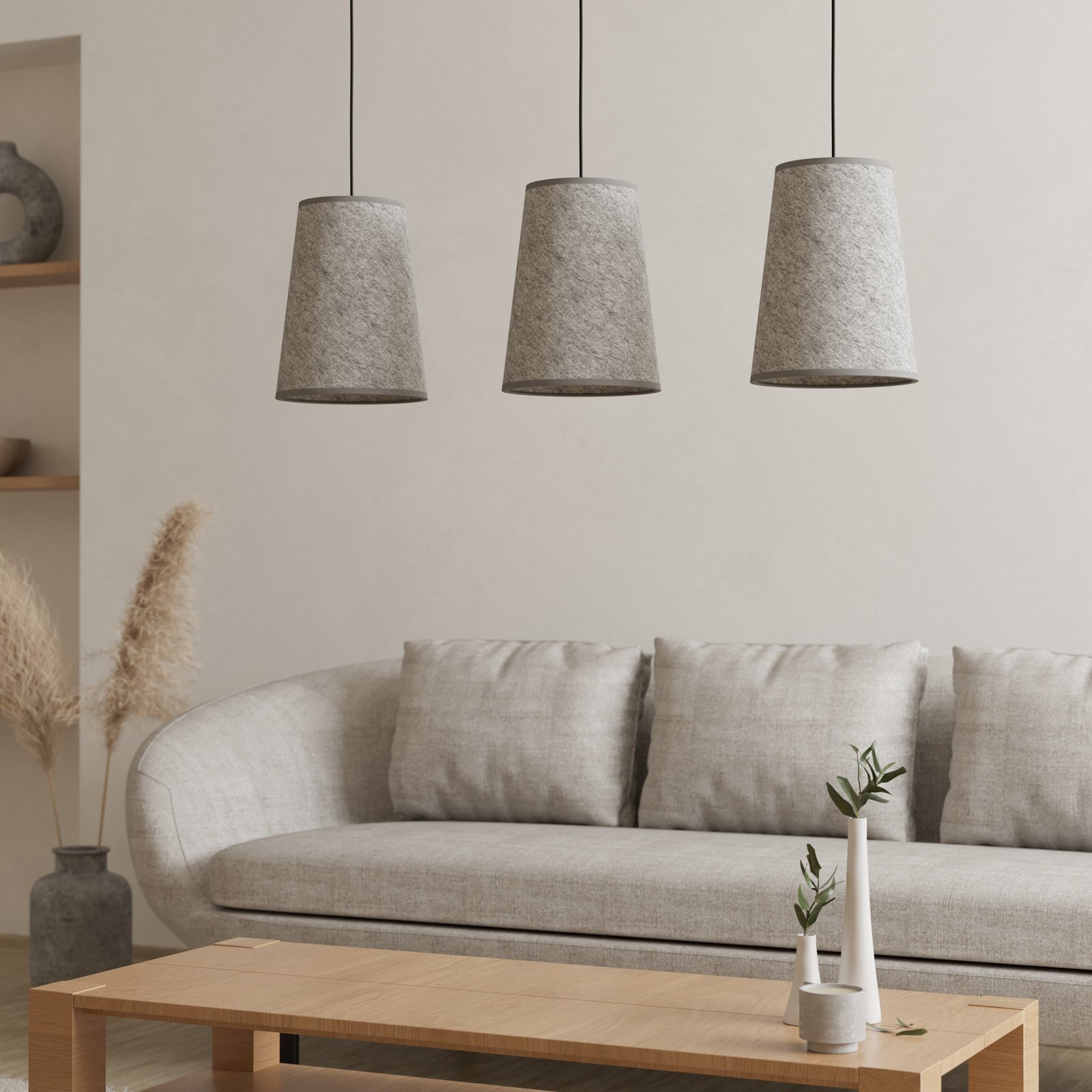 Hanglamp Alsager met drie vilten kappen