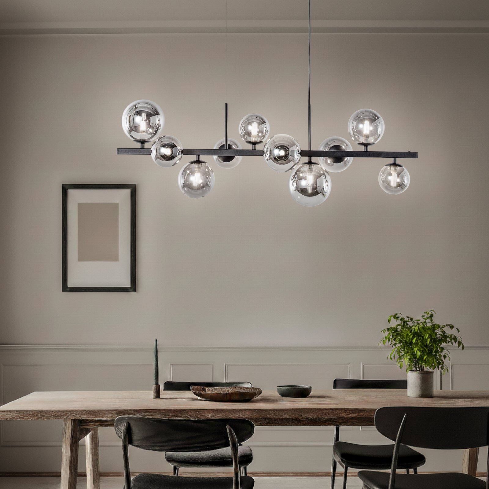 Hanglamp Rumba, zwart/rookgrijs, glas/metaal, 10-lamps.