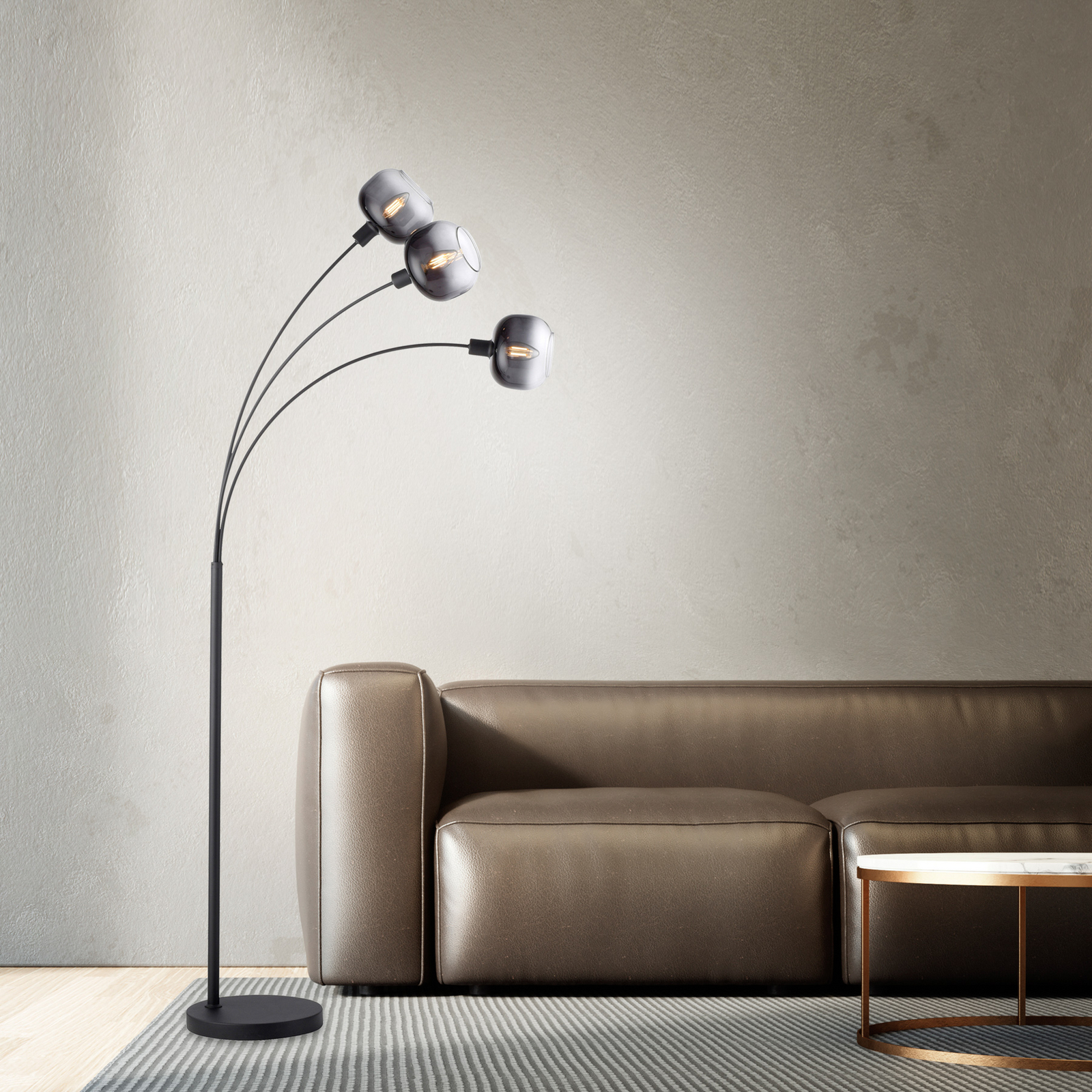Lampe sur pied Zea, à 3 lampes, gris fumé/noir, verre, E14