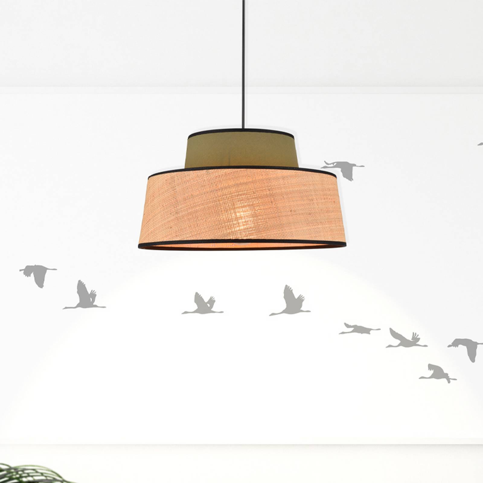 COREP Hänglampa Mallorca, khaki/naturfärgad, Ø 38 cm, tyg/palmfibrer