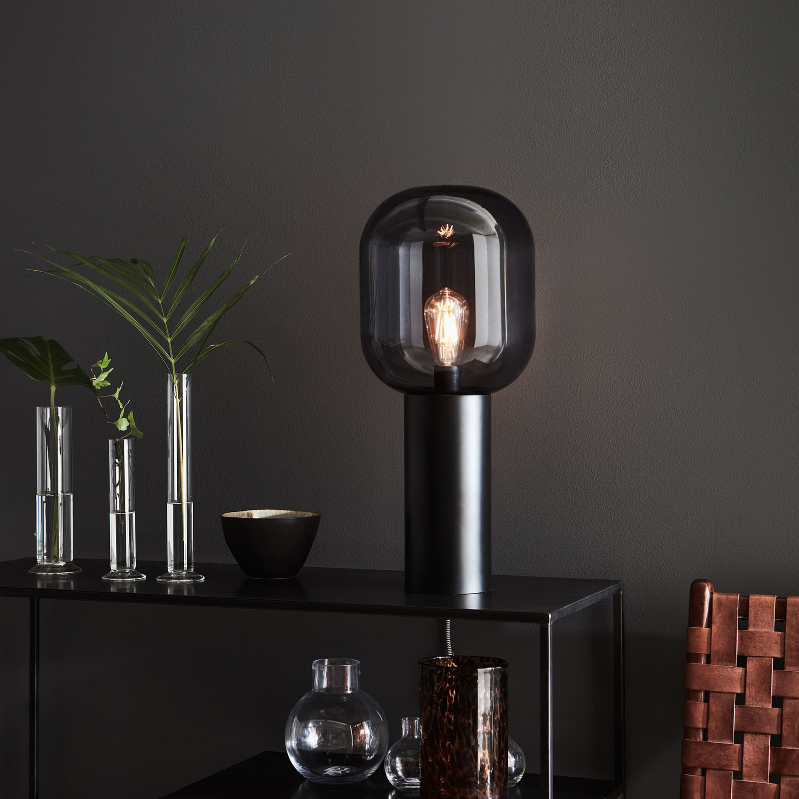 Brooklyn table lamp, smoky grey glass shade