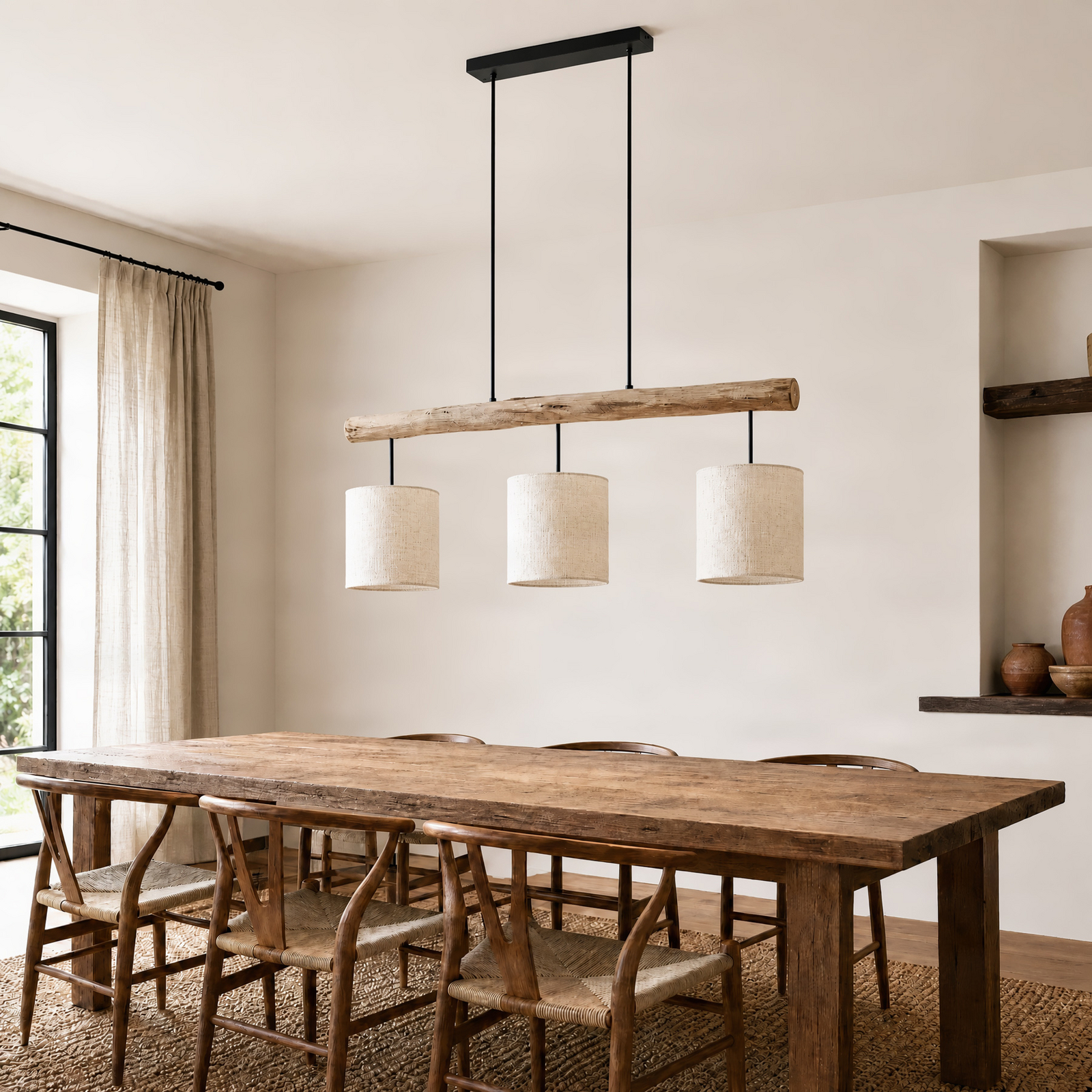 Suspension Jorvan, 100 cm, bois/tissu, à 3 lampes - Lucande Suspension Jorvan, 100 cm, bois/tissu, à 3 lampes - Lucande