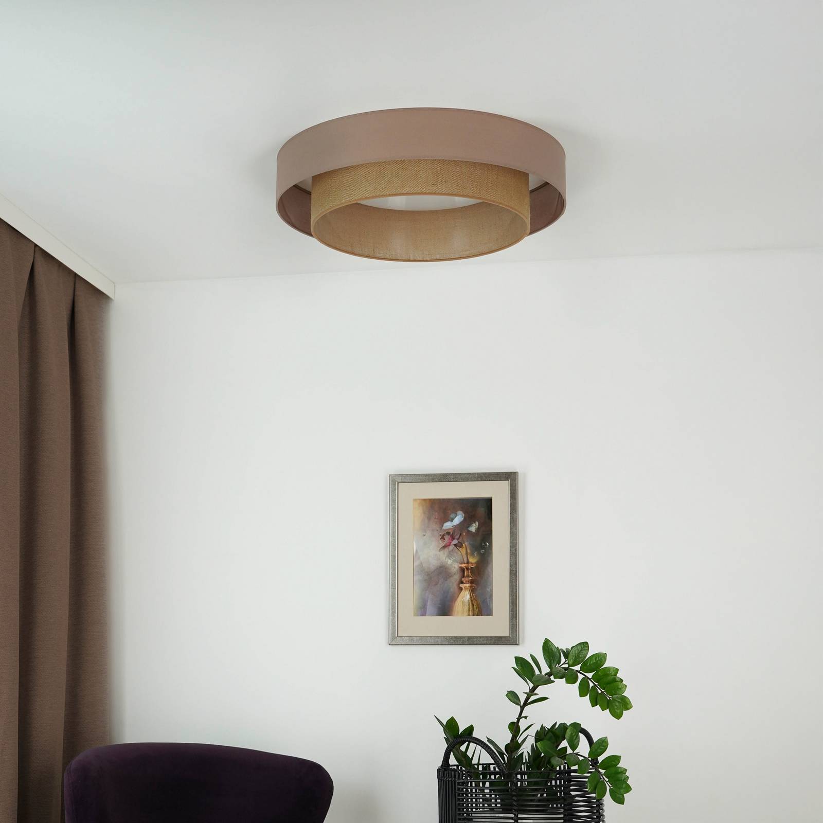 Lampa sufitowa LED Luneta, juta, brązowa, Ø 60 cm, ściemniana 3-stopniowo