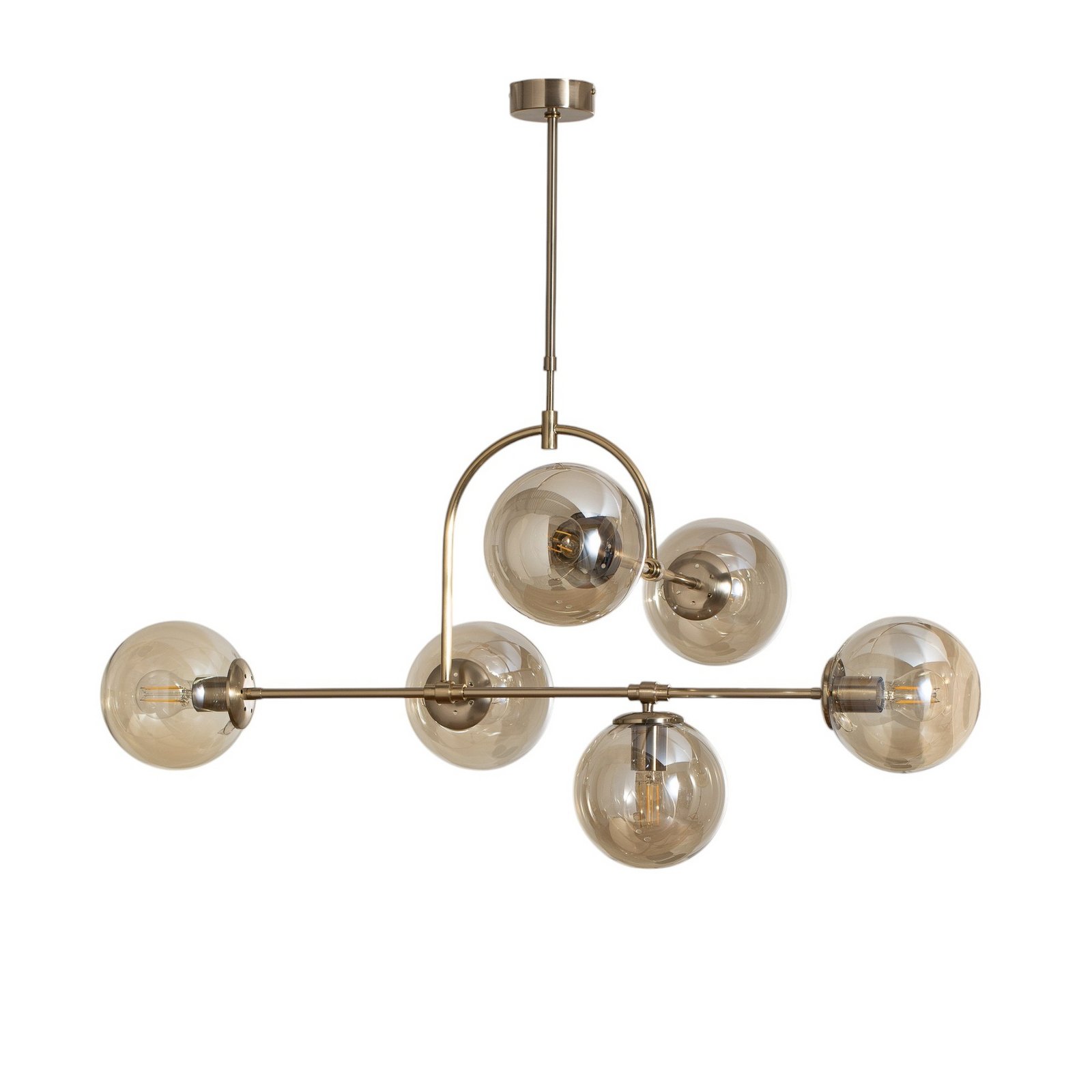 Lámpara colgante Portemo, latón, longitud 104 cm, 6 luces, cristal