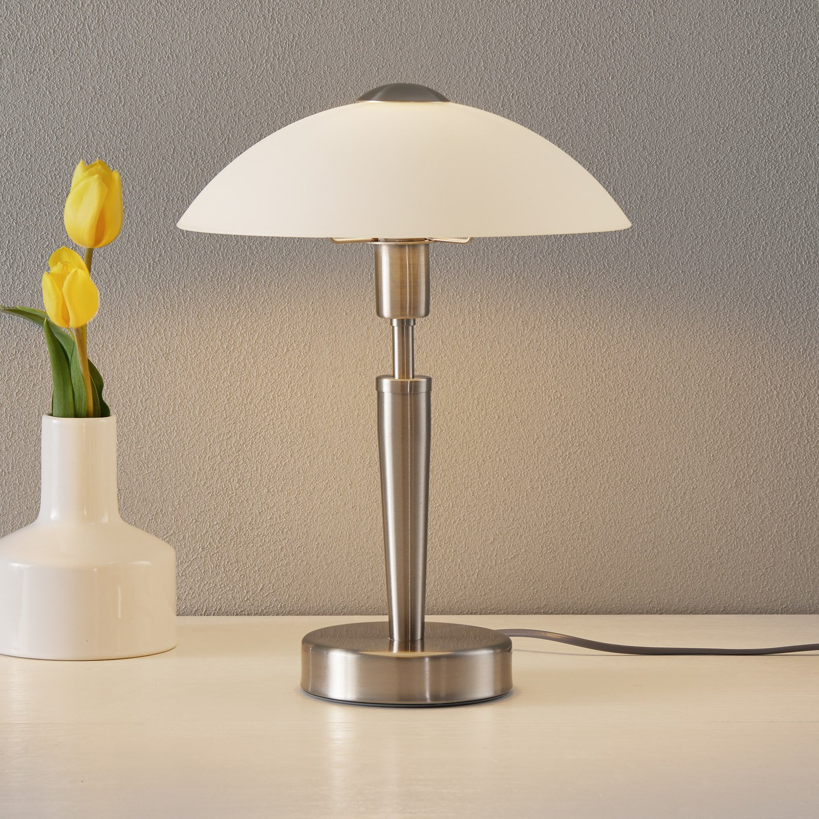 Salut bedside table lamp, nickel, white