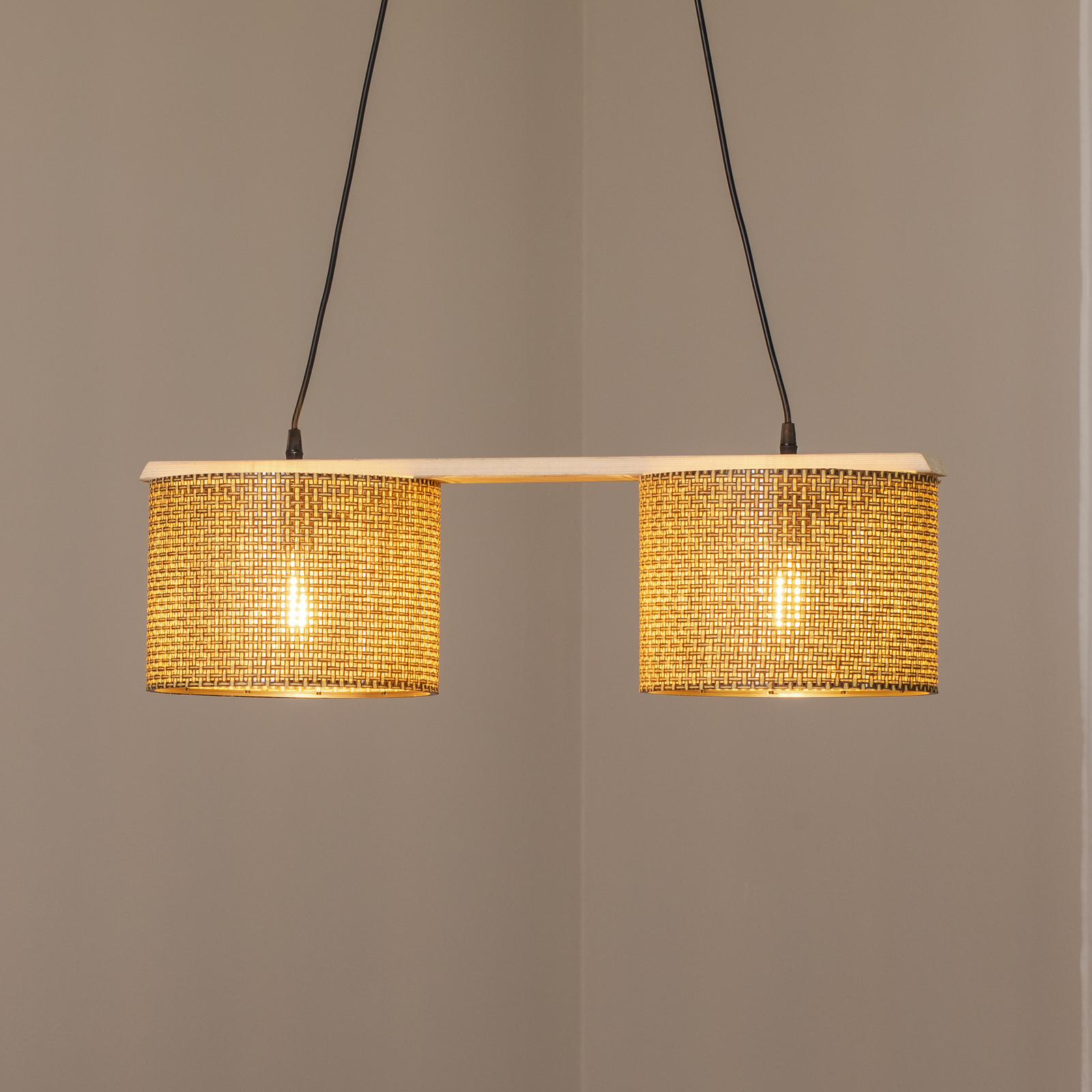 Zigana pendant light, brown patterned, 2-bulb, fabric, wood