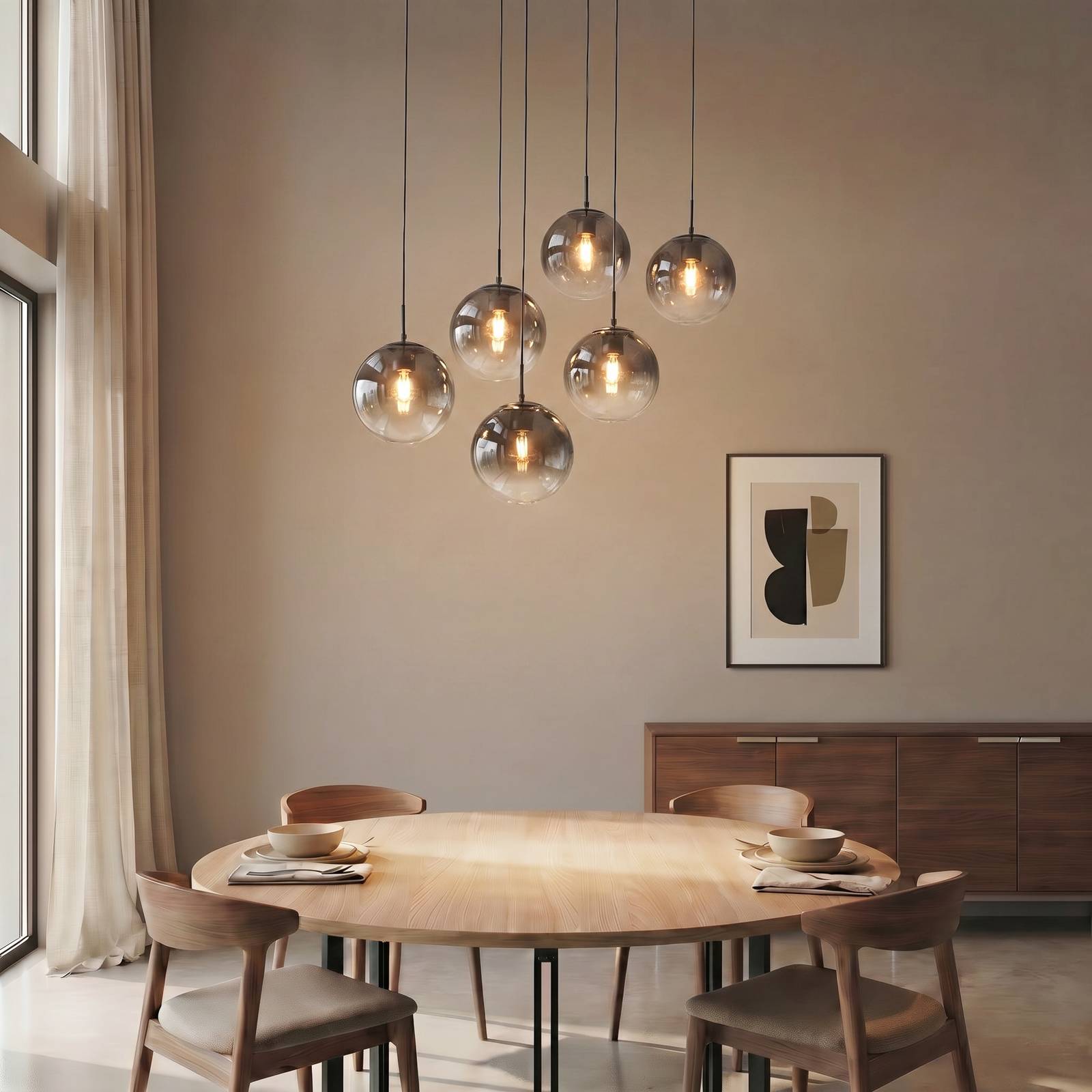 Lucande hanglamp Veloura, 6-lamps, 100 cm, glas, hout