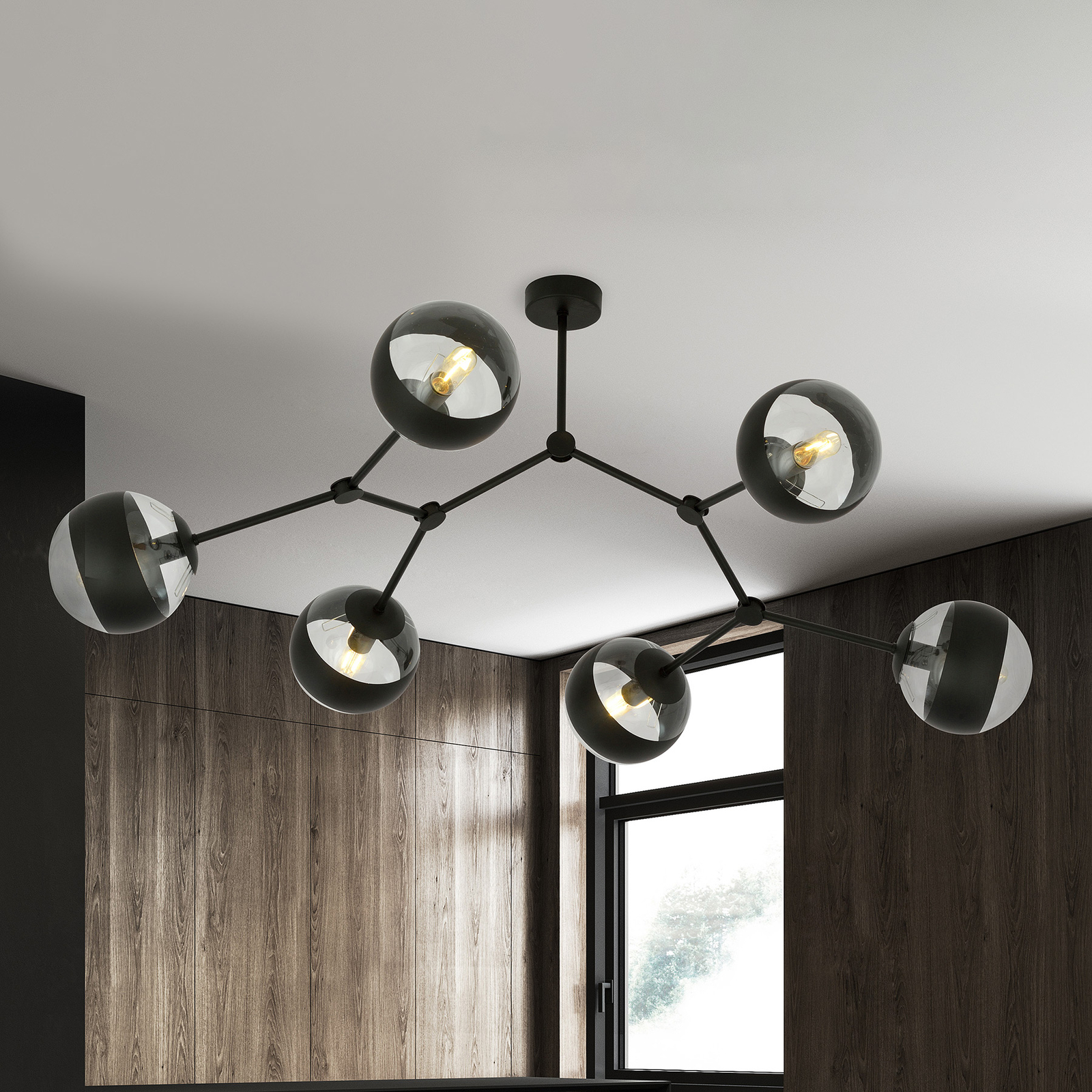 Taklampe Nova, svart/transp, 6 lyskilder