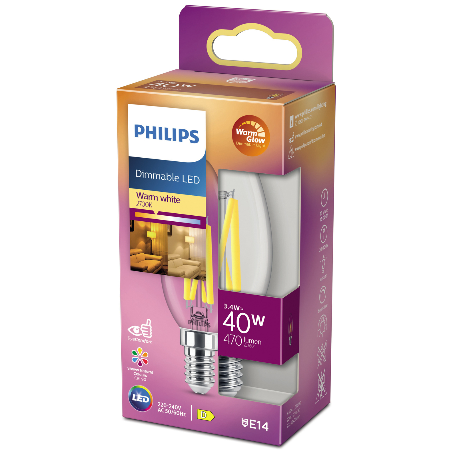 Philipsova žarnica LED, E14 B35, 3,4 W, 2.700 K, WarmGlow