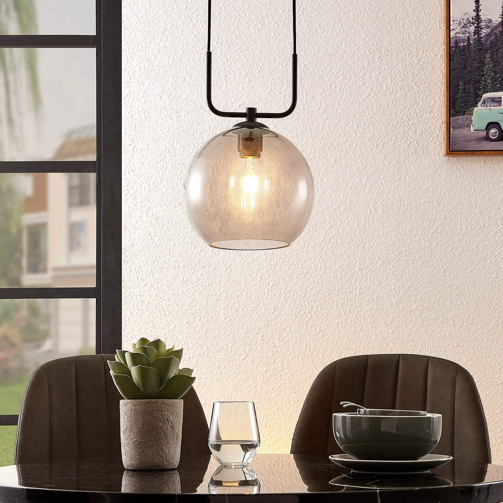Lindby Dasita hanging light, smoky glass, 1-bulb, for Living / Dining Room, glass, metal, E27, 60 W, energy efficiency: A++