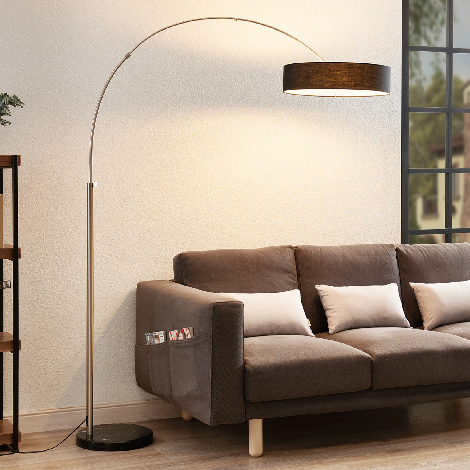Shing fabric floor lamp with a black lampshade