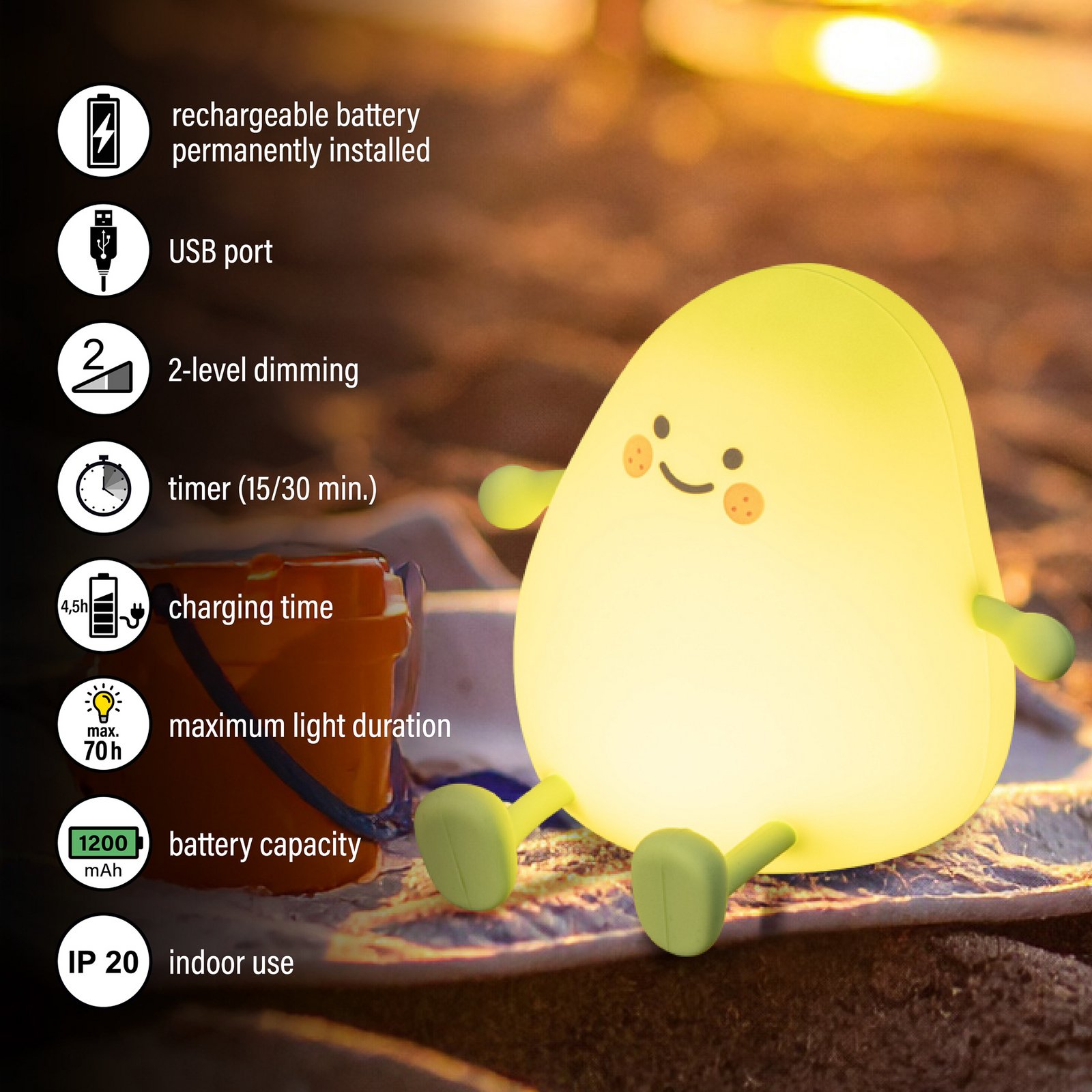 Lampe de chevet LED à accu Mango, blanc, minuterie, intensité variable