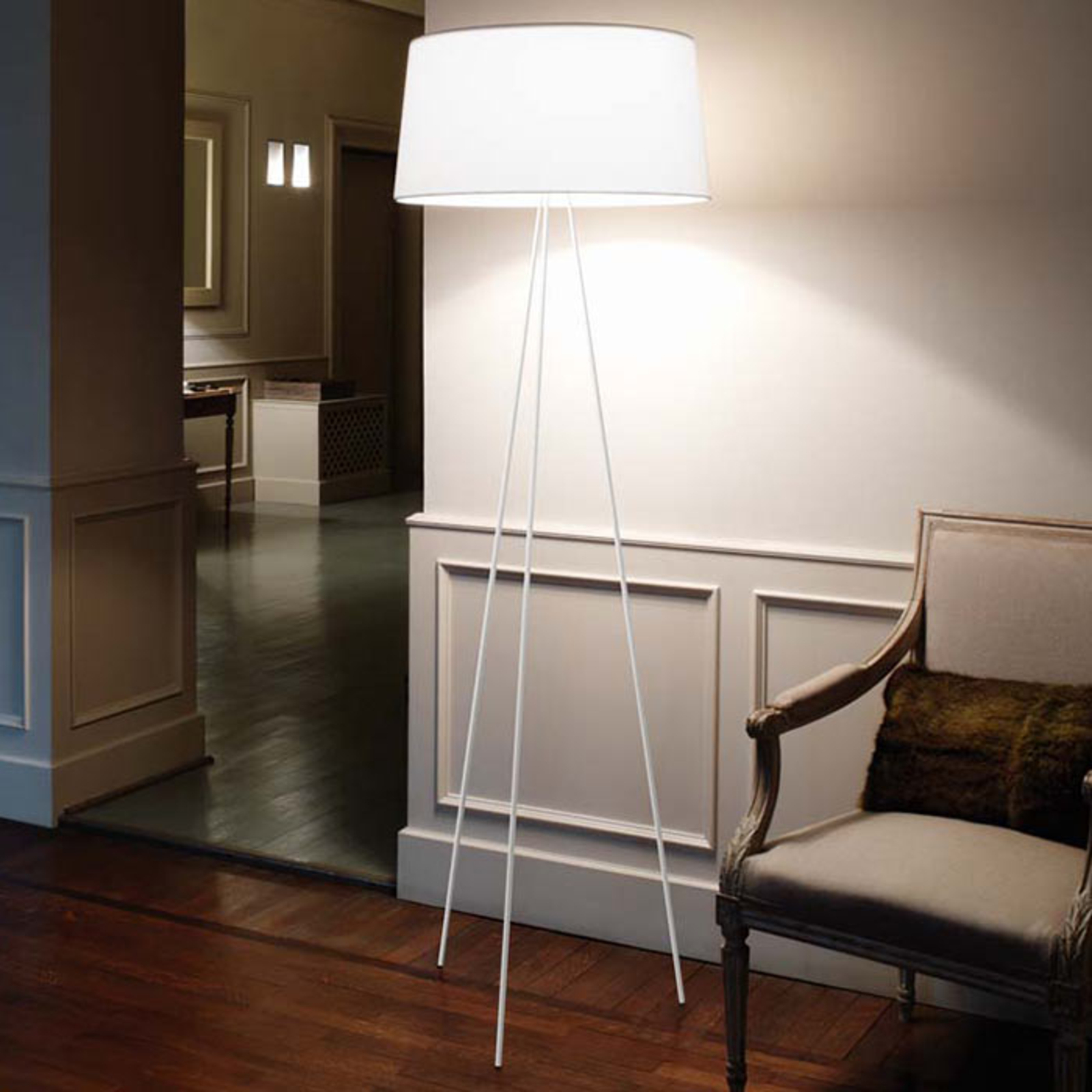 Kundalini - Tripod floor lamp, white, for Bedroom, metal, fabric, aluminium, E27, 80 W, energy efficiency: A++, H: 175 cm