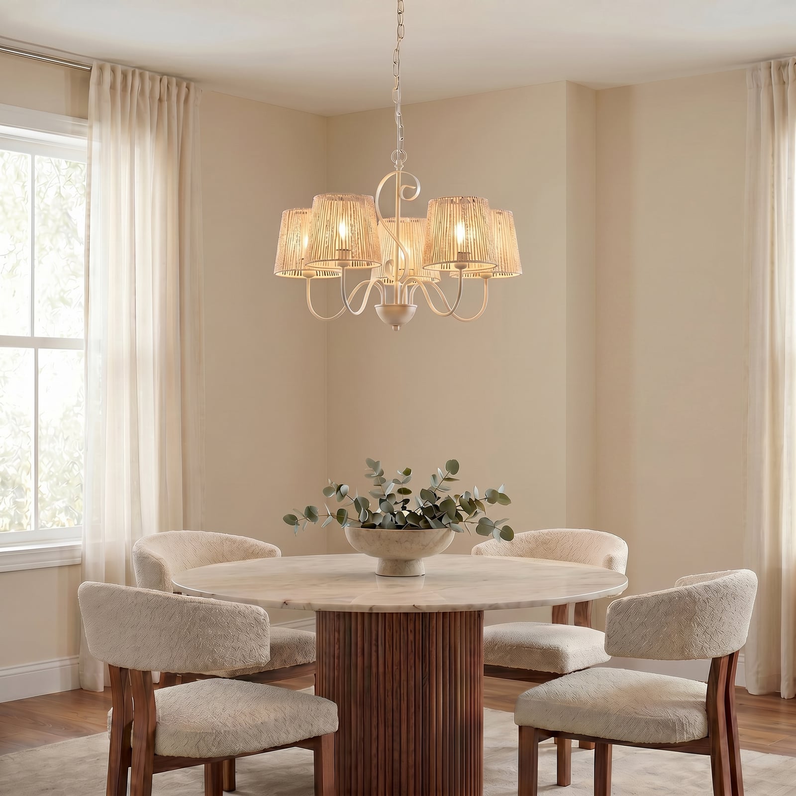 Lampadario Eugenia, a 5 luci, cavo, Ø 65 cm, beige, E14 - Lucande