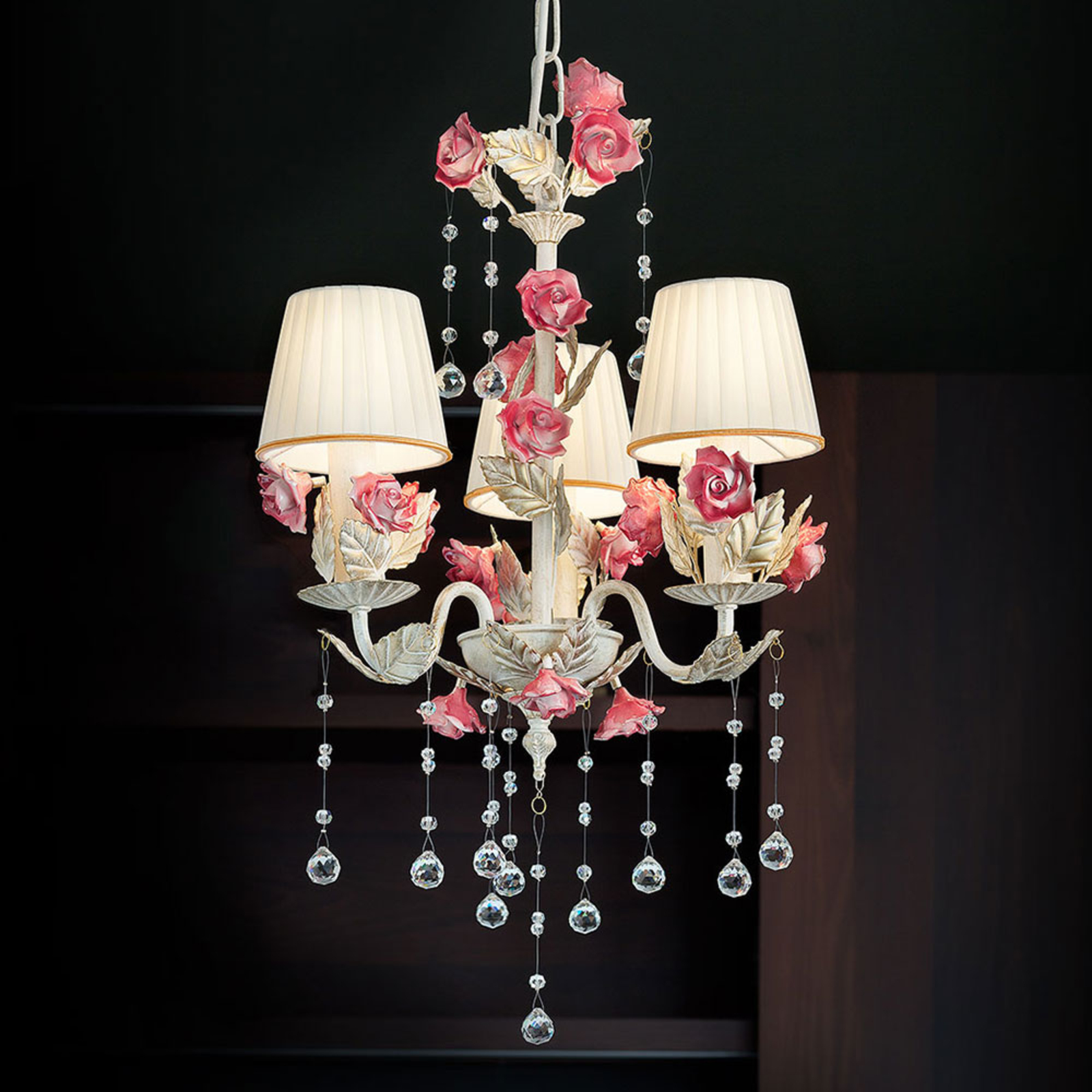 Masiero Fiore three-bulb Florentine hanging light, for Living / Dining Room, metal, crystal, ceramics, fabric, E14, 40 W, energy efficiency: A++, H: 40 cm