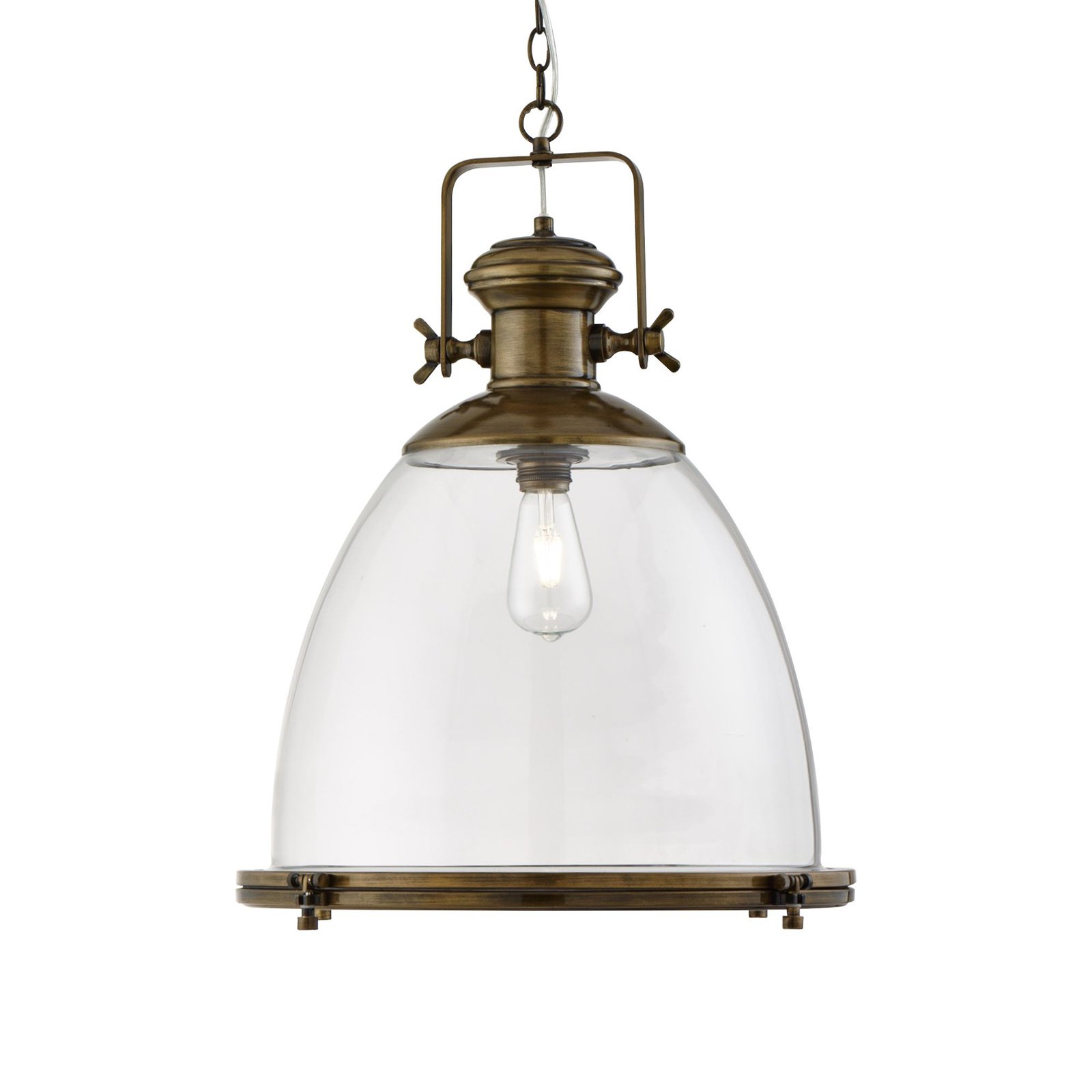 Industrial pendant light, brass-coloured/clear, glass, E27