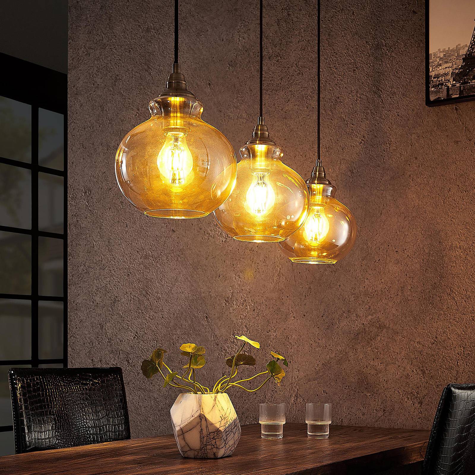 Afm andere stoel Lindby Tymoni glazen hanglamp, amber, 3-lamps | Lampen24.nl