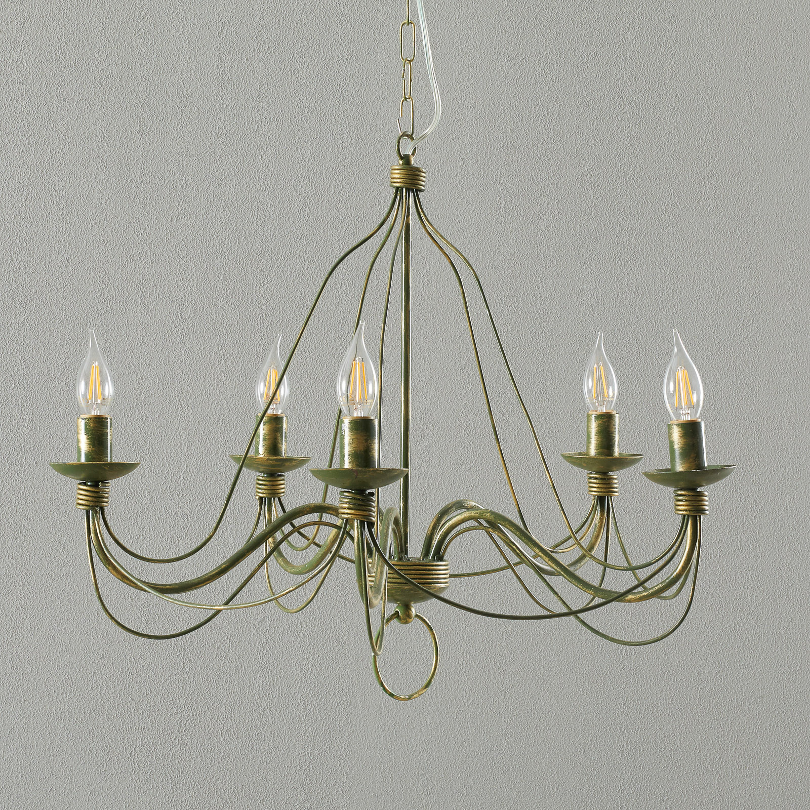 Ferro Luce 007/5 L chandelier, 5-bulb, green and brass, for Living / Dining Room, iron, E14, 40 W, energy efficiency: A++, H: 54 cm